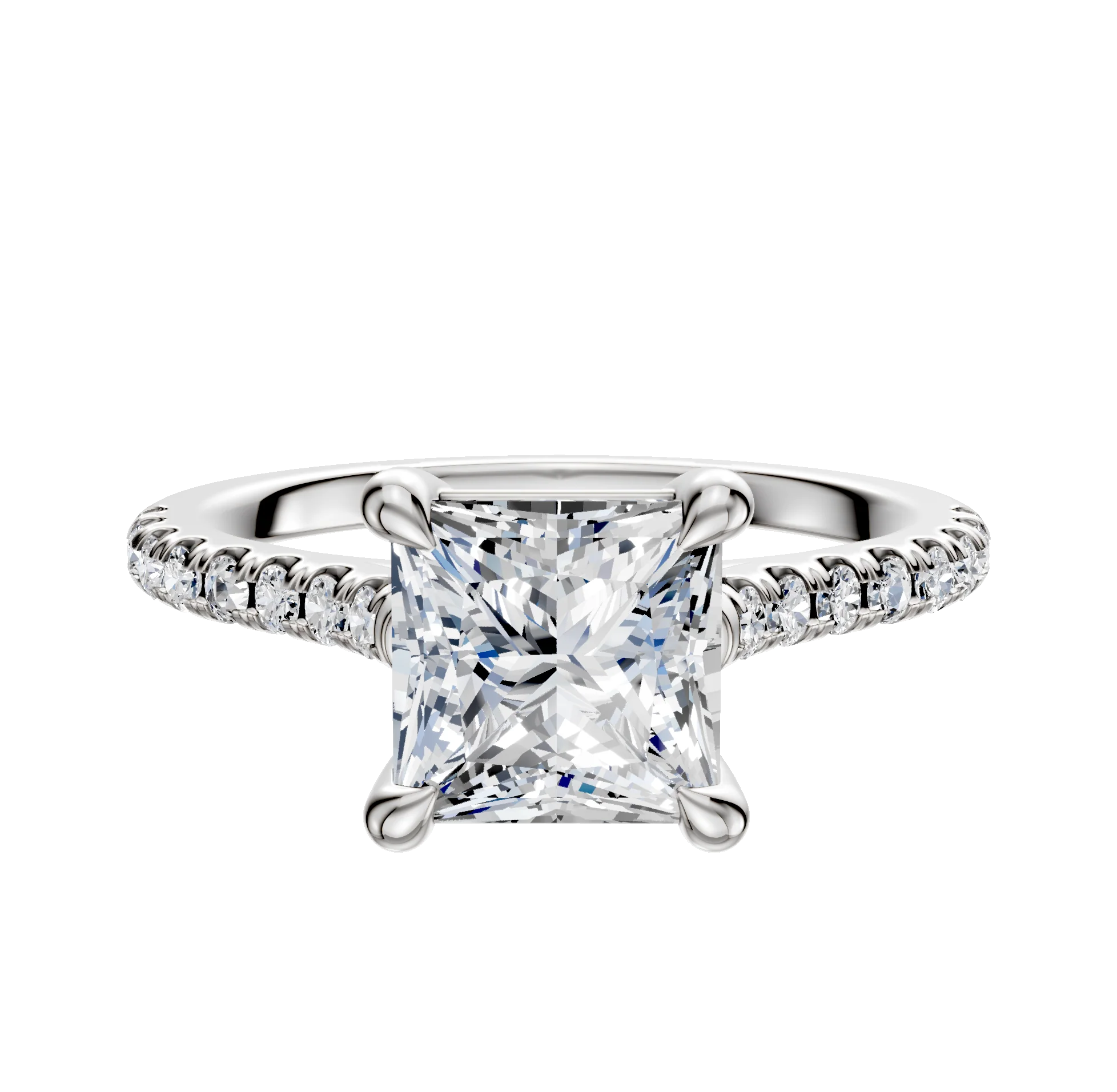 14K White Gold 4 Prong Basket Cathedral Dome 1-Row-Pave 2.5mm Engagement Ring