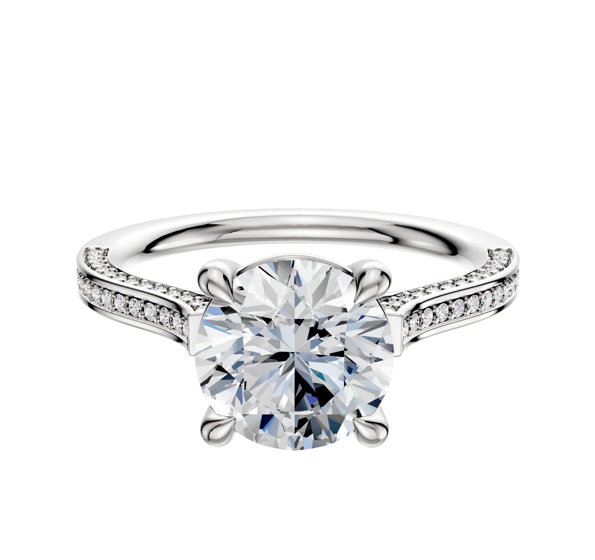 14K White Gold 4 Prong Basket Cathedral Flat 3-Row-Pave 2.0mm Engagement Ring