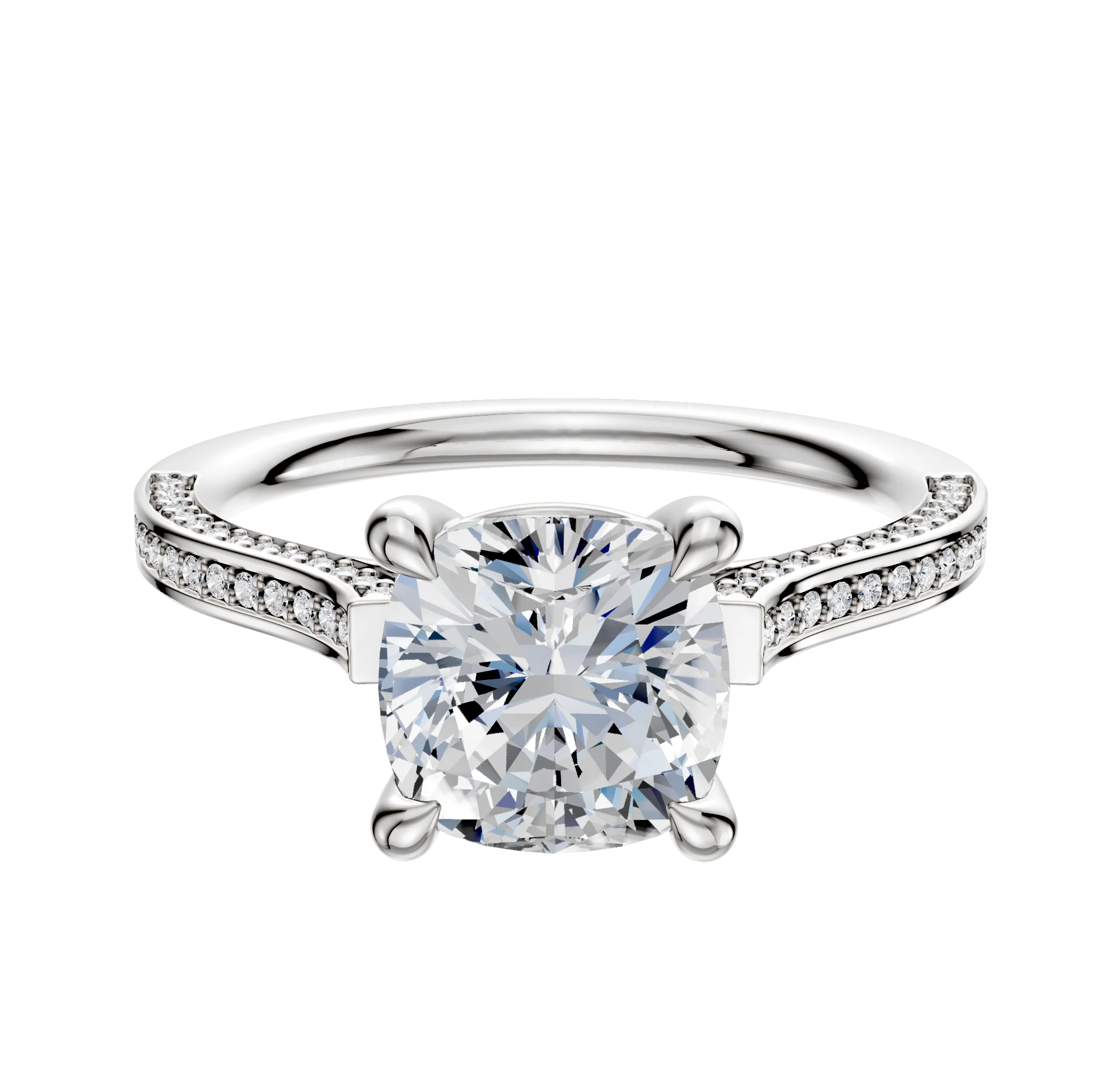 14K White Gold 4 Prong Basket Cathedral Flat 3-Row-Pave 2.0mm Engagement Ring