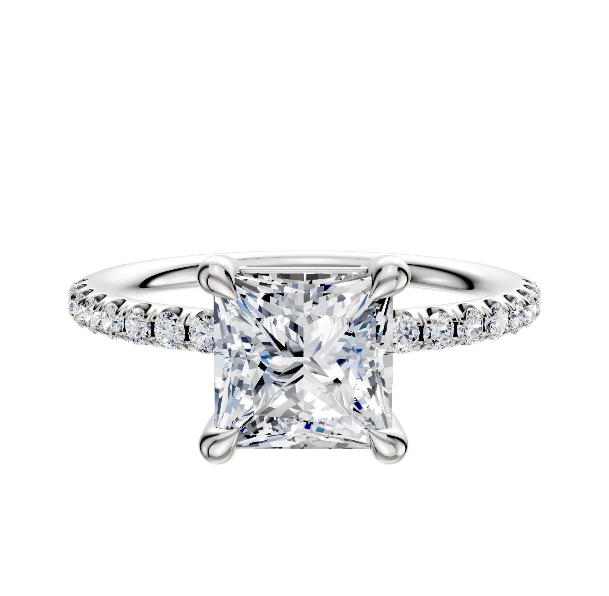 14K White Gold 4 Prong Basket Classic Dome 1-Row-Pave 2.5mm Engagement Ring