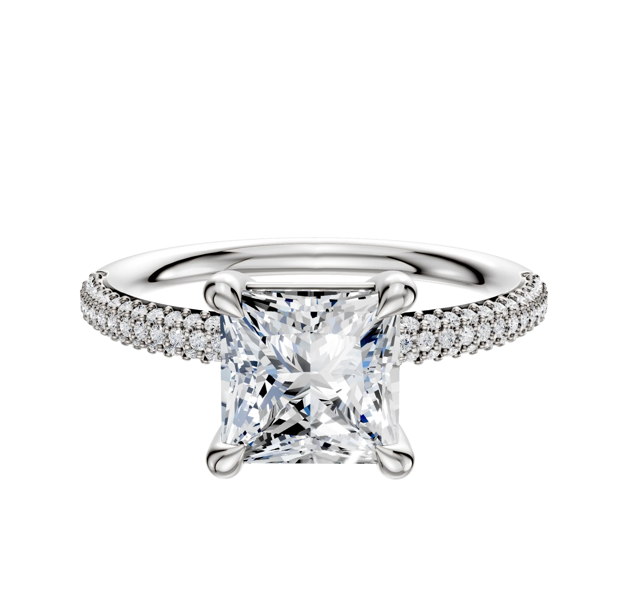 14K White Gold 4 Prong Basket Classic Dome 3-Row-Pave 2.0mm Engagement Ring