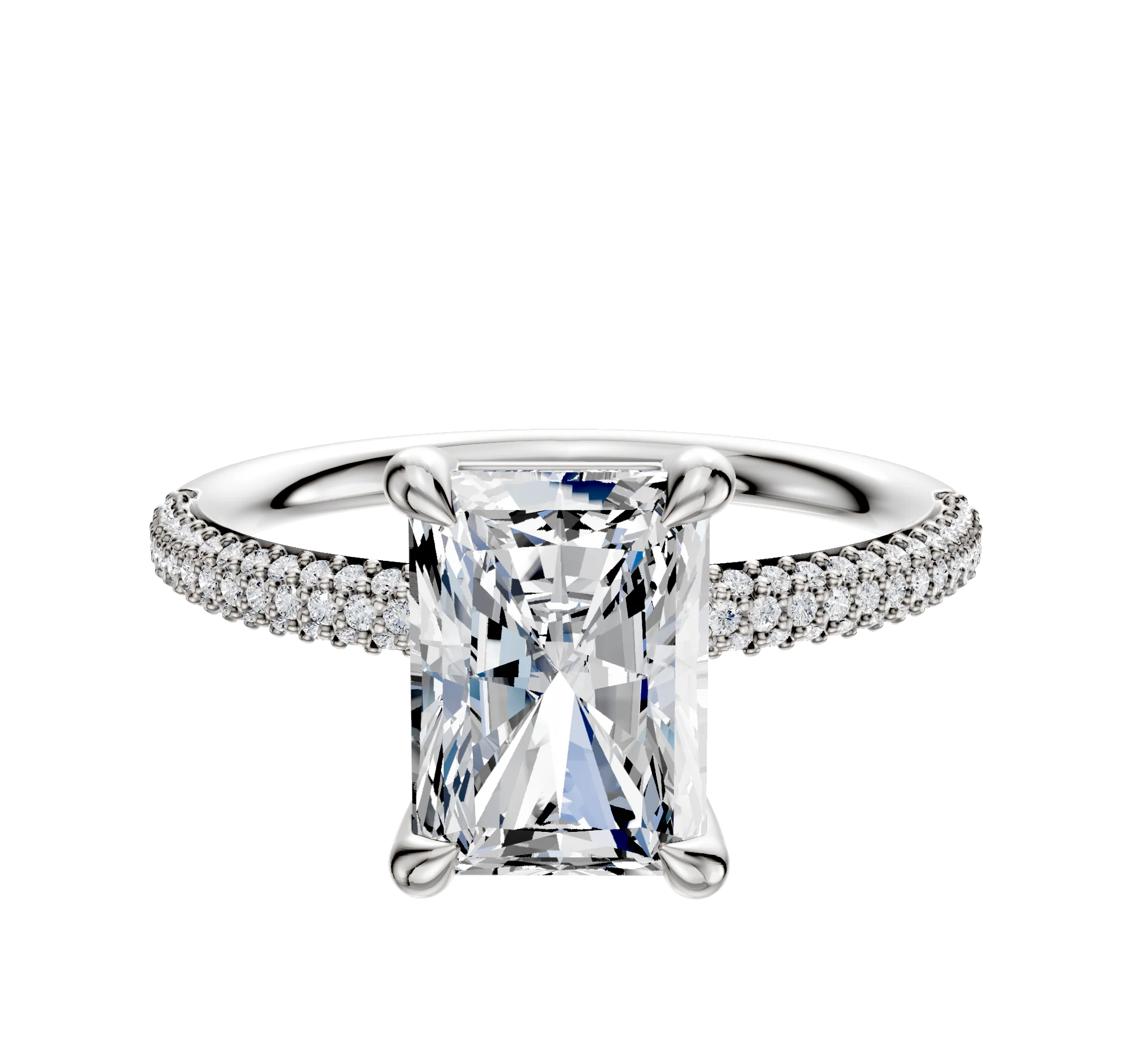 14K White Gold 4 Prong Basket Classic Dome 3-Row-Pave 2.0mm Engagement Ring