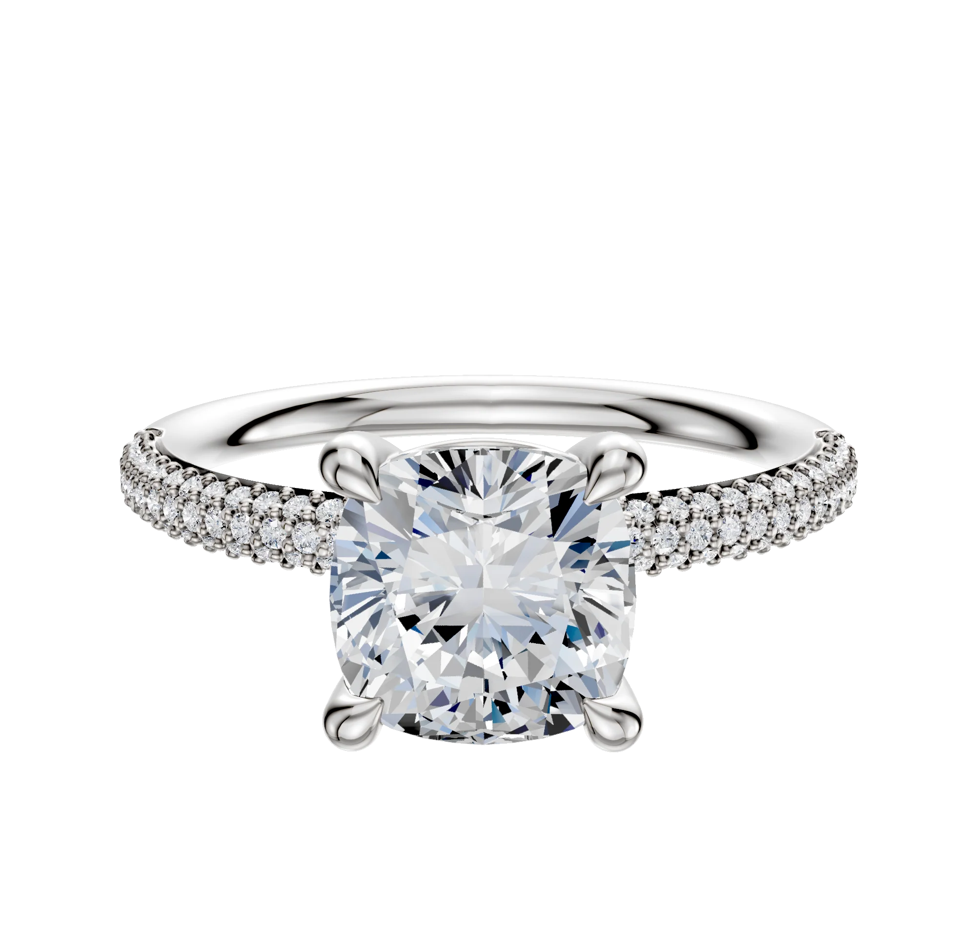 14K White Gold 4 Prong Basket Classic Dome 3-Row-Pave 2.0mm Engagement Ring