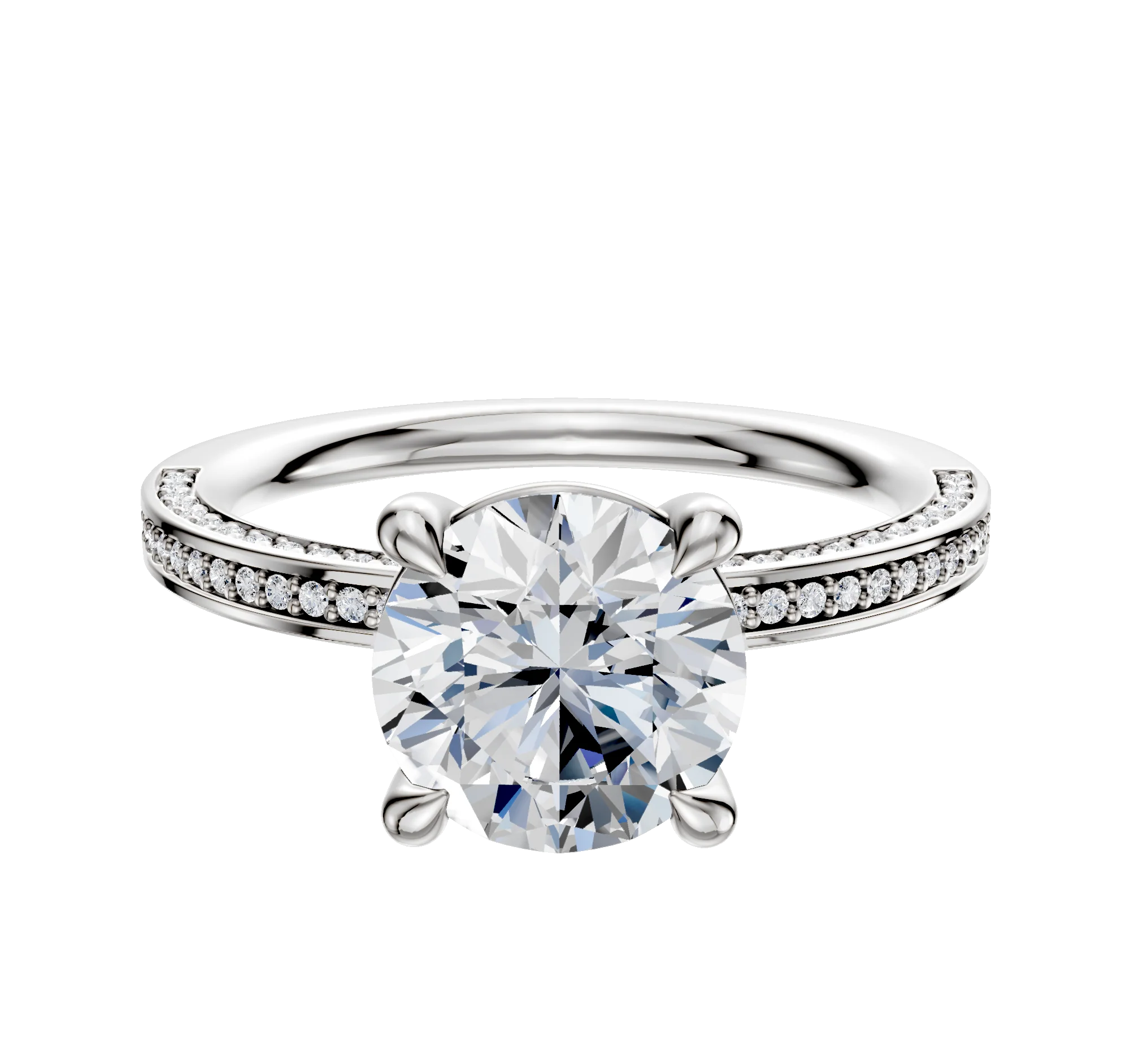 14K White Gold 4 Prong Basket Classic Flat 3-Row-Pave 2.0mm Engagement Ring