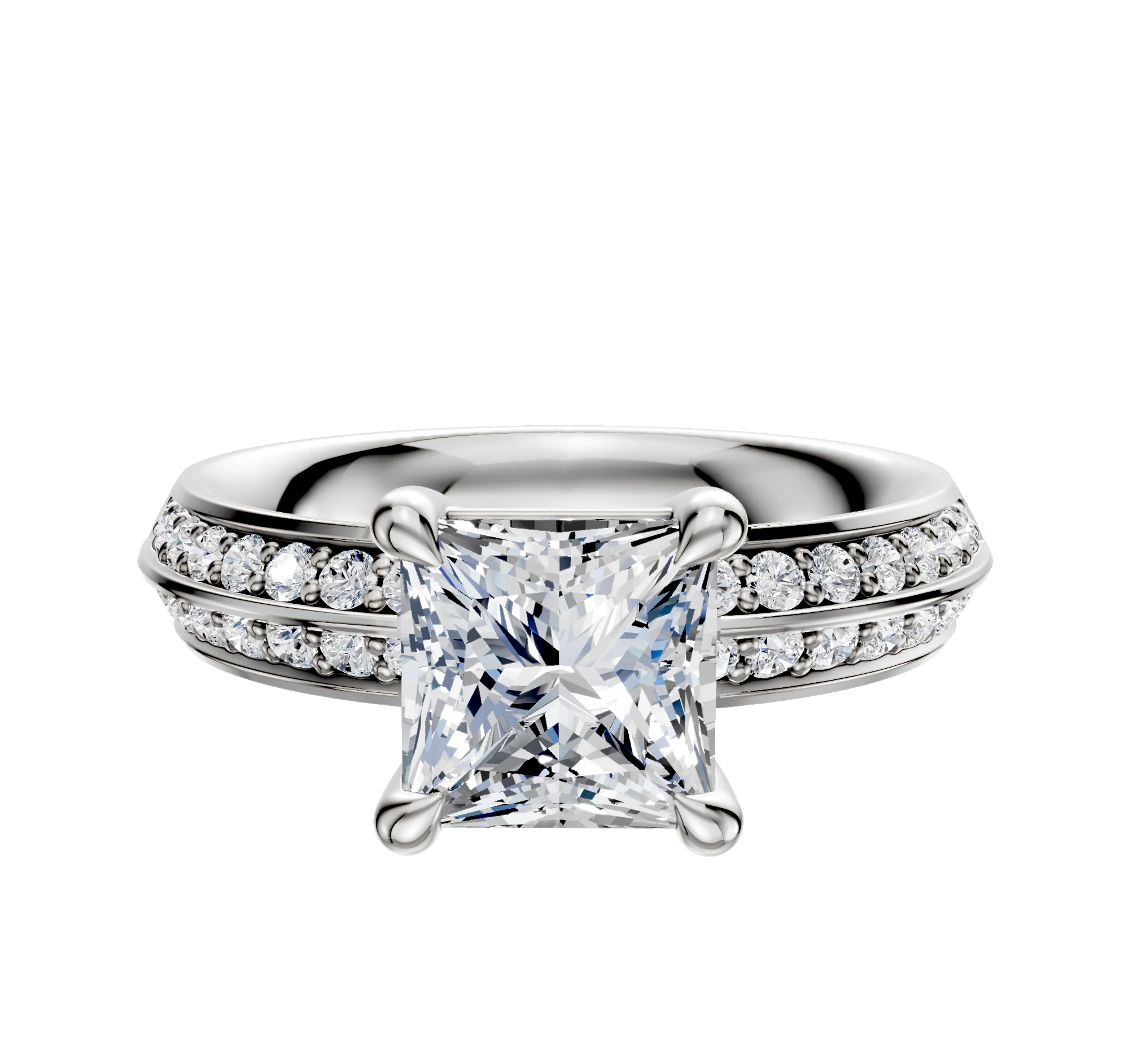 14K White Gold 4 Prong Basket Classic Knife Edge 1-Row-Pave 2.5mm Engagement Ring