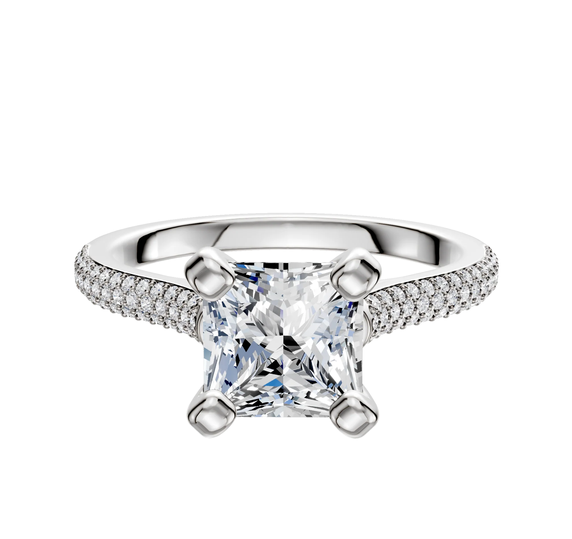 14K White Gold 4 Prong Cathedral Dome 3-Row-Pave 2.0mm Engagement Ring
