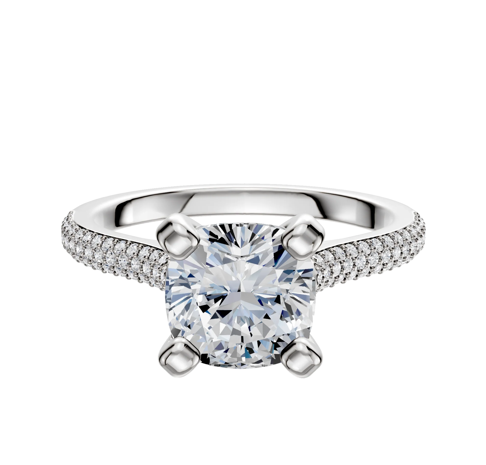 14K White Gold 4 Prong Cathedral Dome 3-Row-Pave 2.0mm Engagement Ring