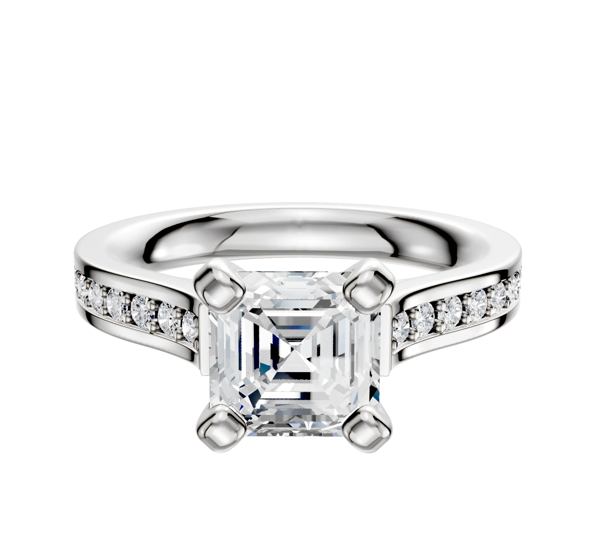 14K White Gold 4 Prong Cathedral Flat 1-Row-Pave 2.5mm Engagement Ring