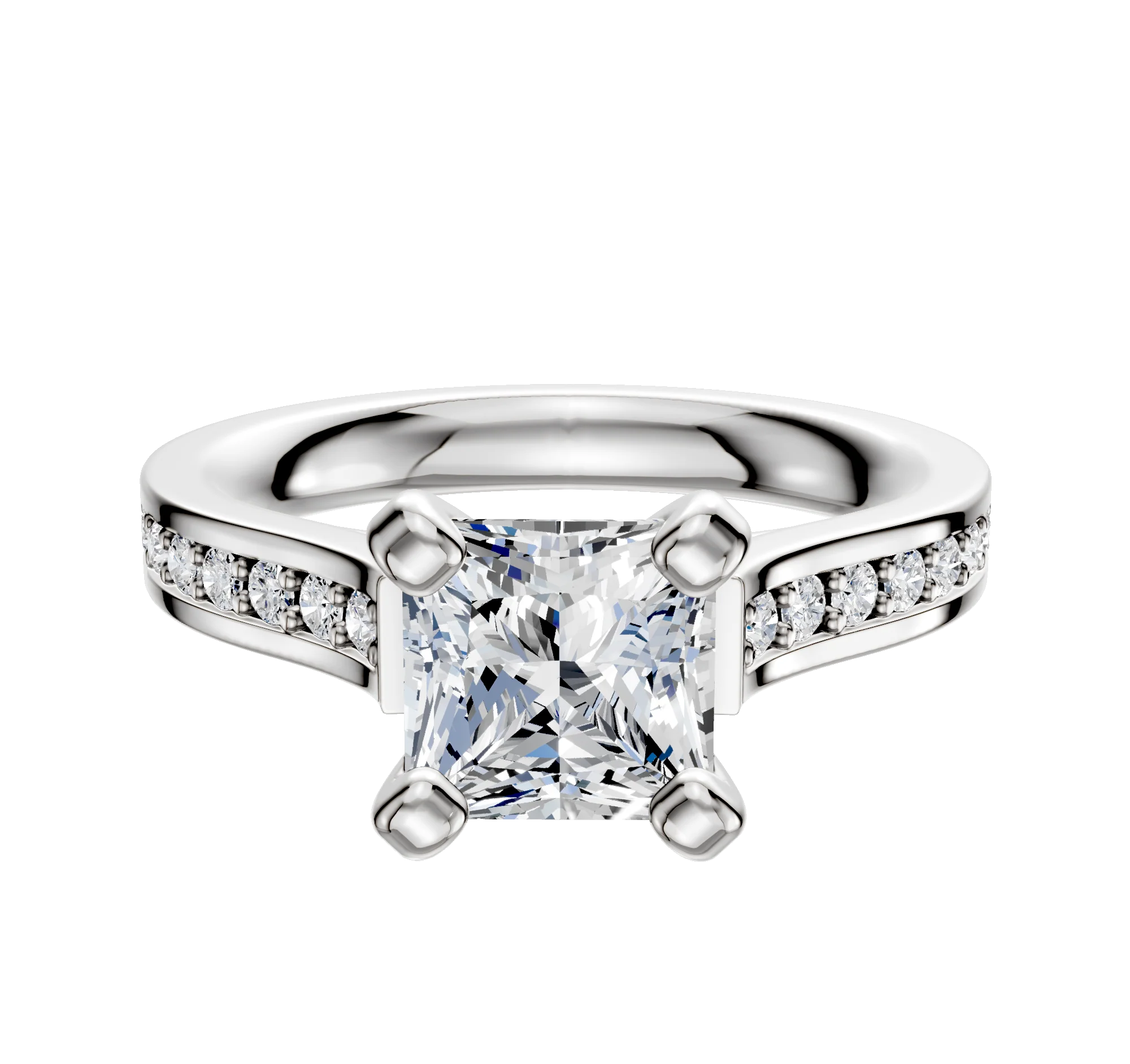 14K White Gold 4 Prong Cathedral Flat 1-Row-Pave 2.5mm Engagement Ring