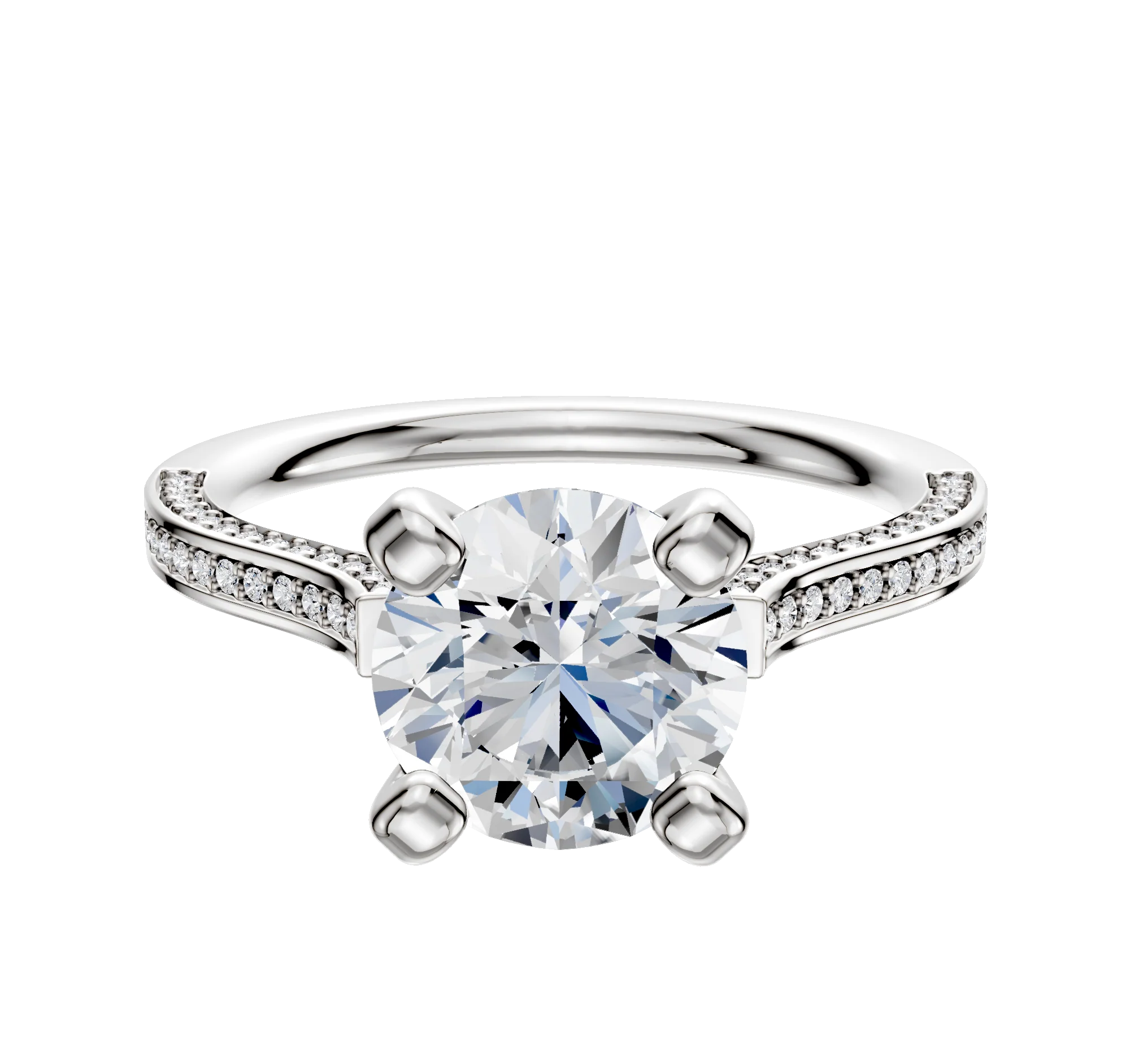 14K White Gold 4 Prong Cathedral Flat 3-Row-Pave 2.0mm Engagement Ring