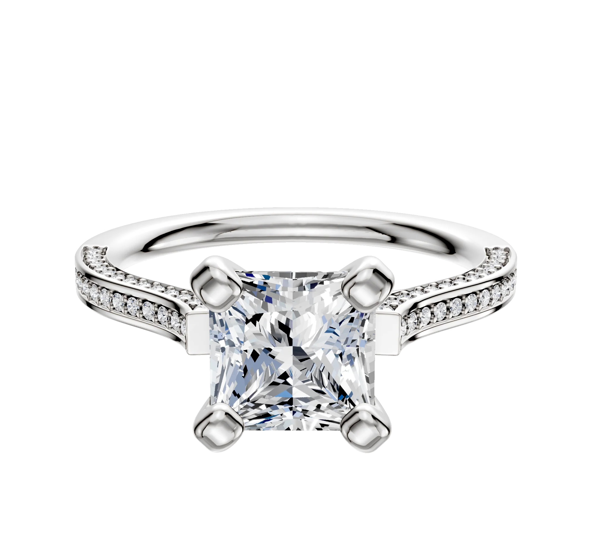 14K White Gold 4 Prong Cathedral Flat 3-Row-Pave 2.0mm Engagement Ring