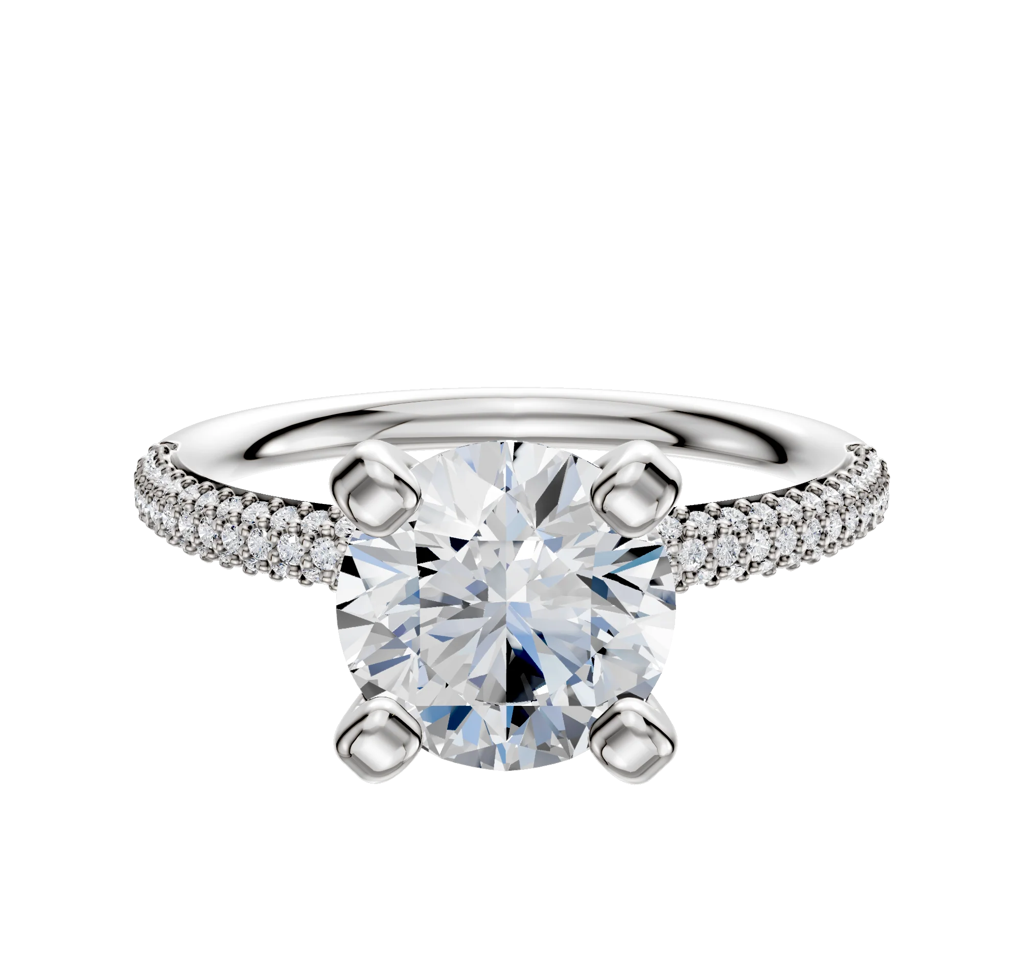 14K White Gold 4 Prong Classic Dome 3-Row-Pave 2.0mm Engagement Ring