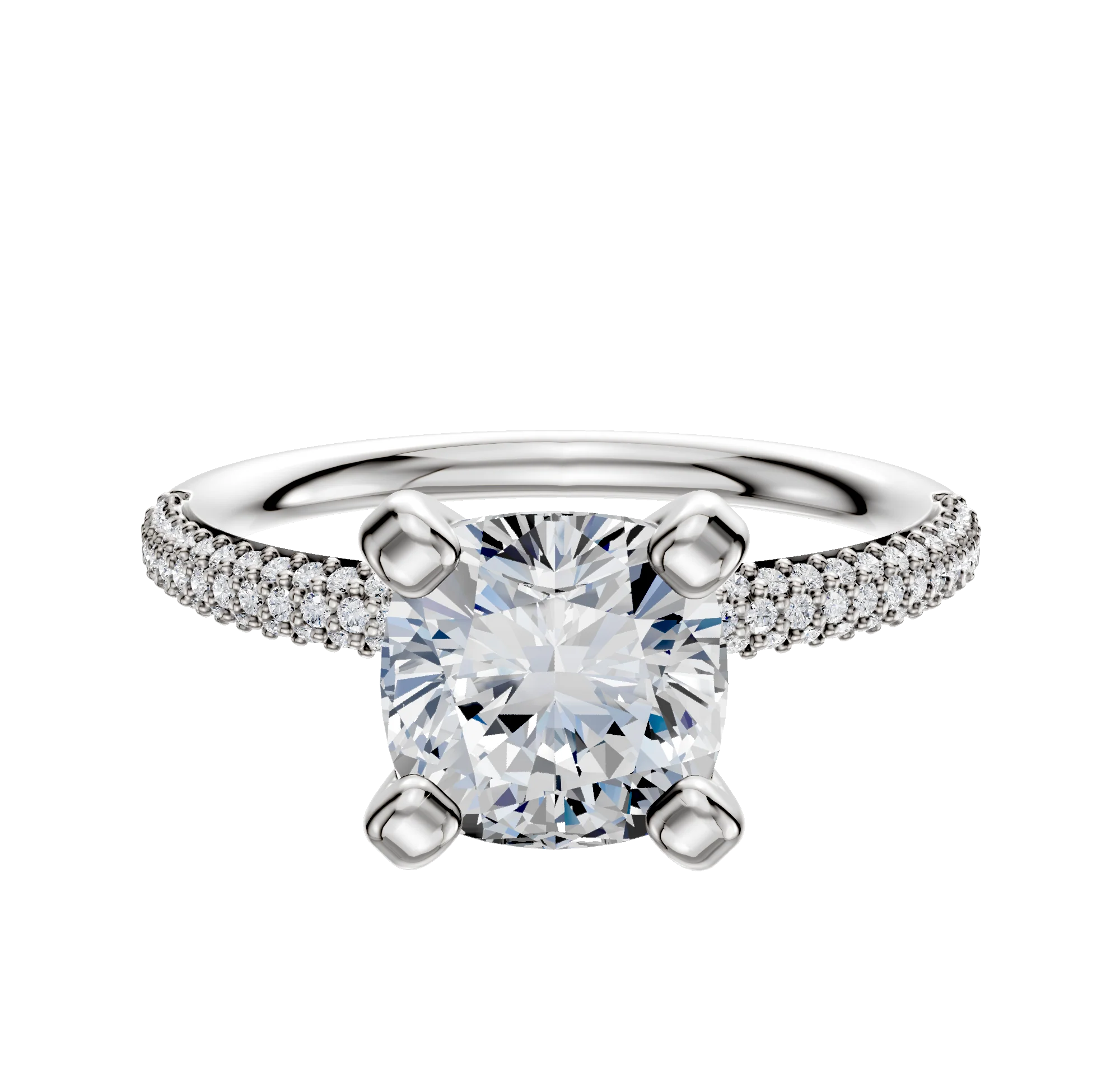 14K White Gold 4 Prong Classic Dome 3-Row-Pave 2.0mm Engagement Ring