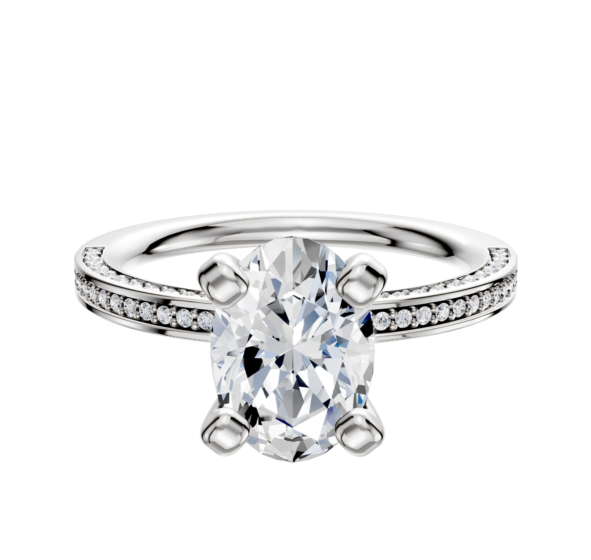 14K White Gold 4 Prong Classic Flat 3-Row-Pave 2.0mm Engagement Ring