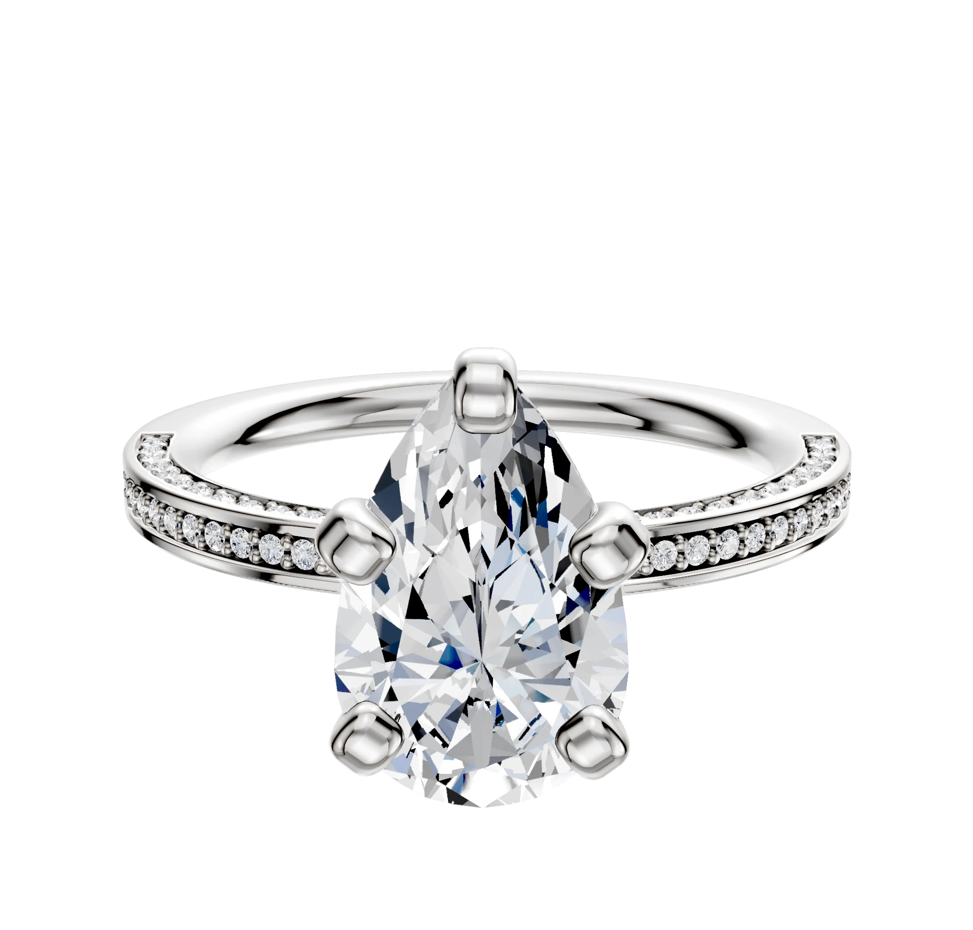 14K White Gold 4 Prong Classic Flat 3-Row-Pave 2.0mm Engagement Ring