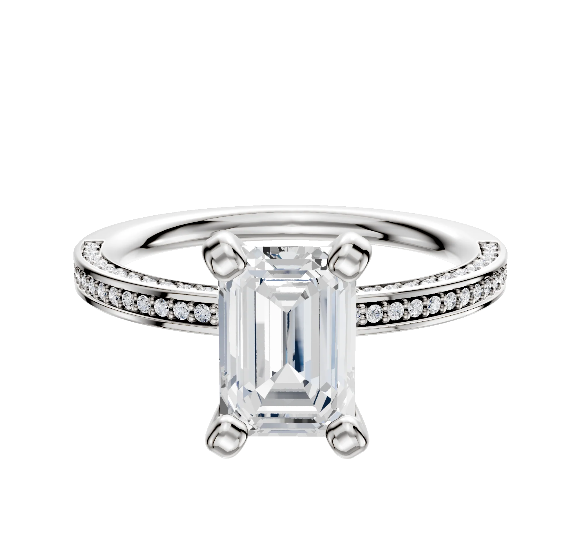 14K White Gold 4 Prong Classic Flat 3-Row-Pave 2.0mm Engagement Ring
