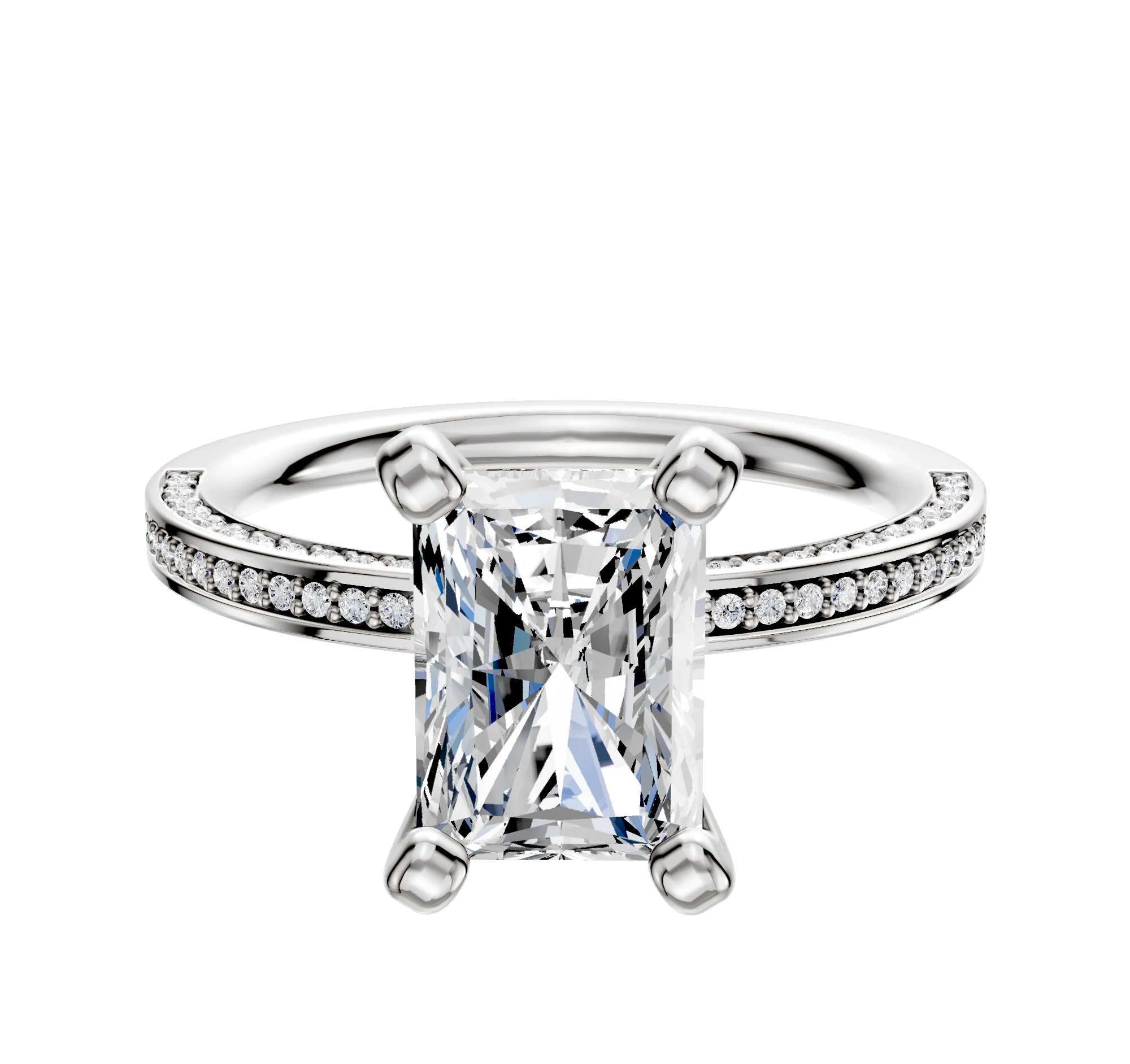 14K White Gold 4 Prong Classic Flat 3-Row-Pave 2.0mm Engagement Ring