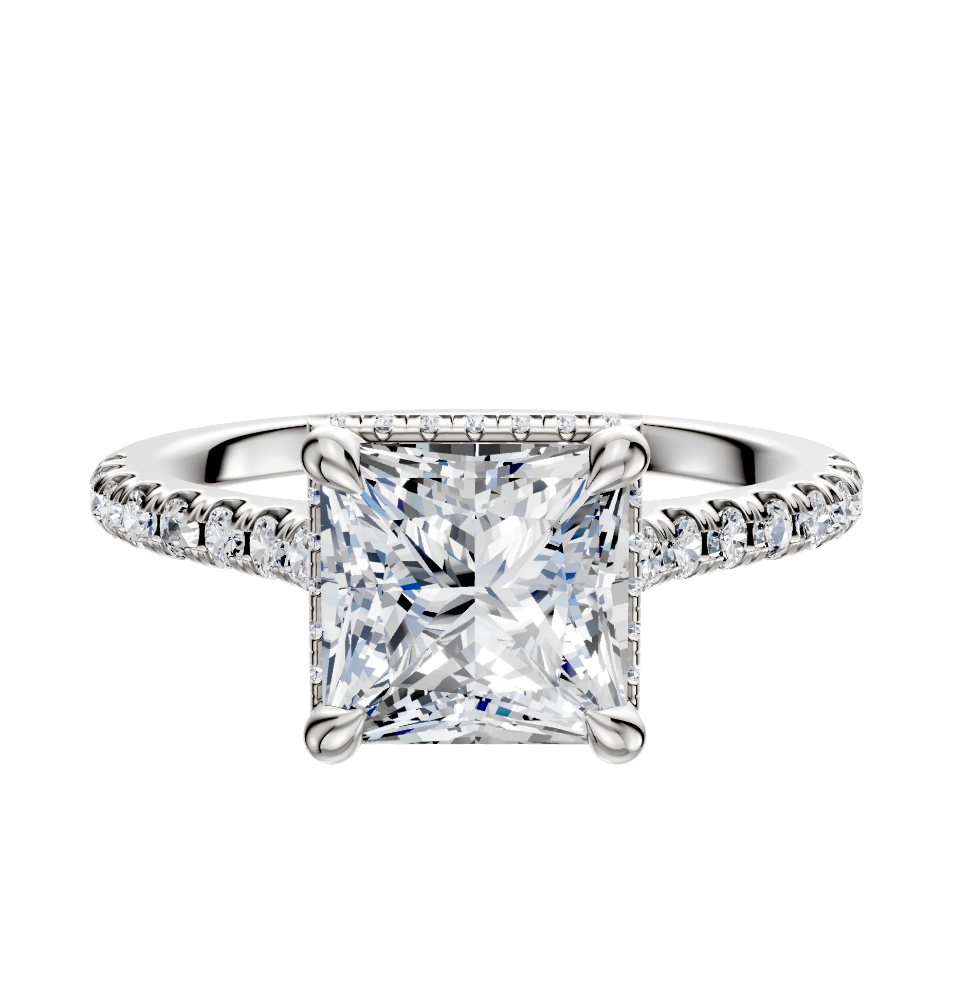 14K White Gold 4 Prong Collar Cathedral Dome 1-Row-Pave 2.5mm Engagement Ring