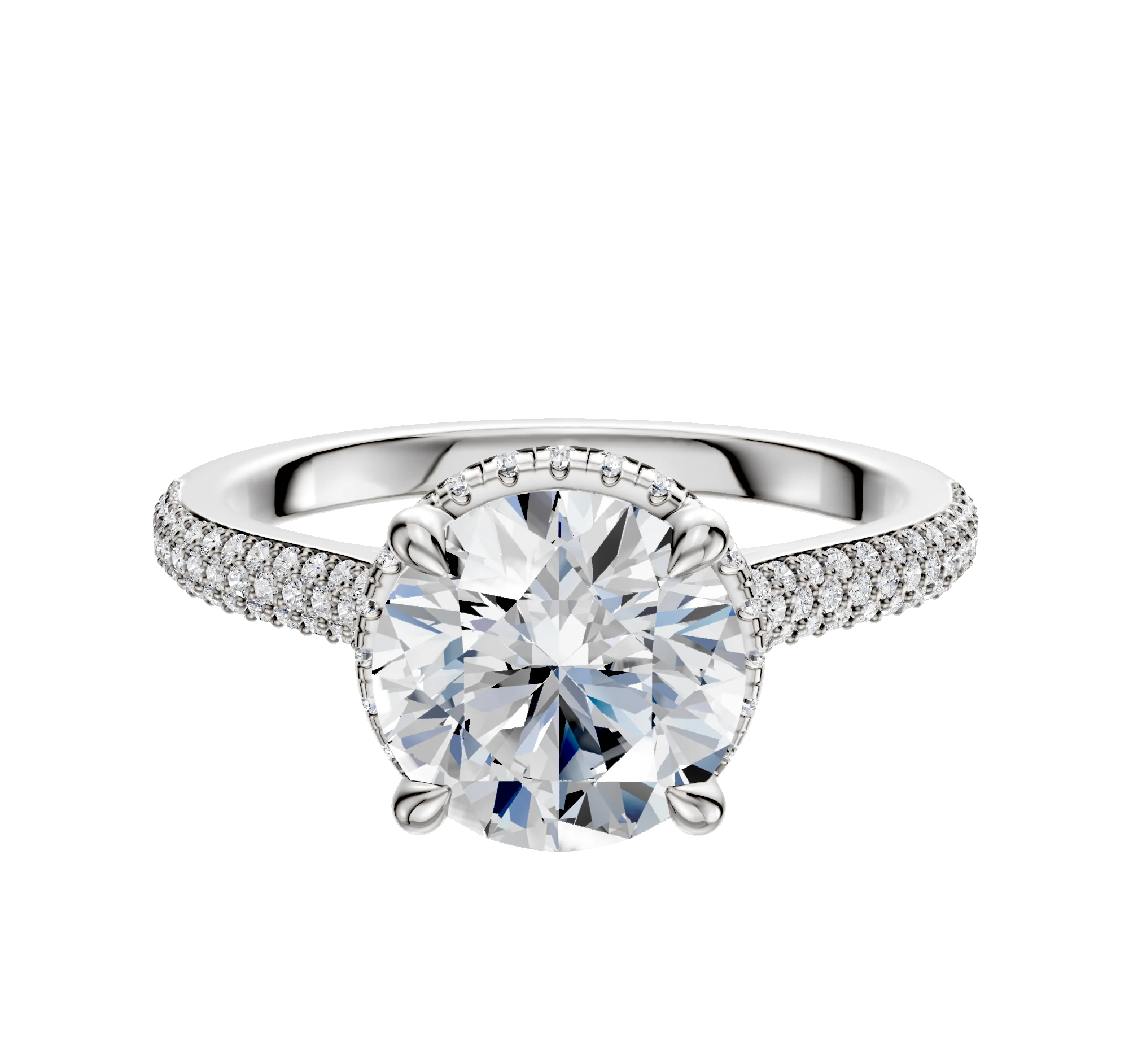 14K White Gold 4 Prong Collar Cathedral Dome 3-Row-Pave 2.0mm Engagement Ring