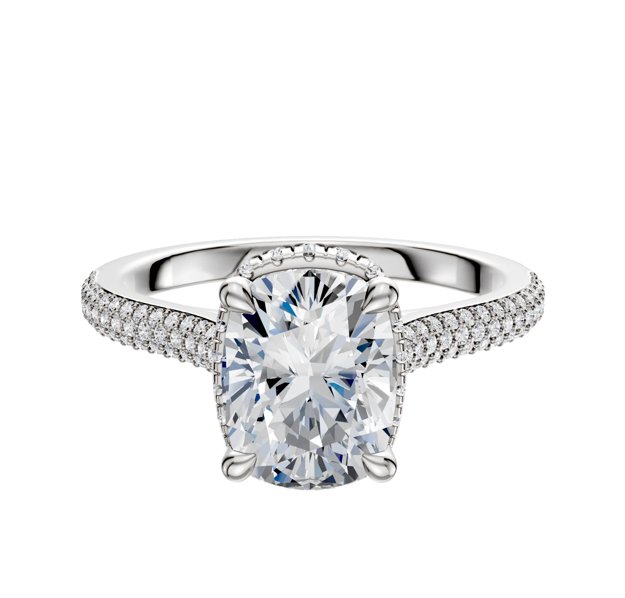 14K White Gold 4 Prong Collar Cathedral Dome 3-Row-Pave 2.0mm Engagement Ring