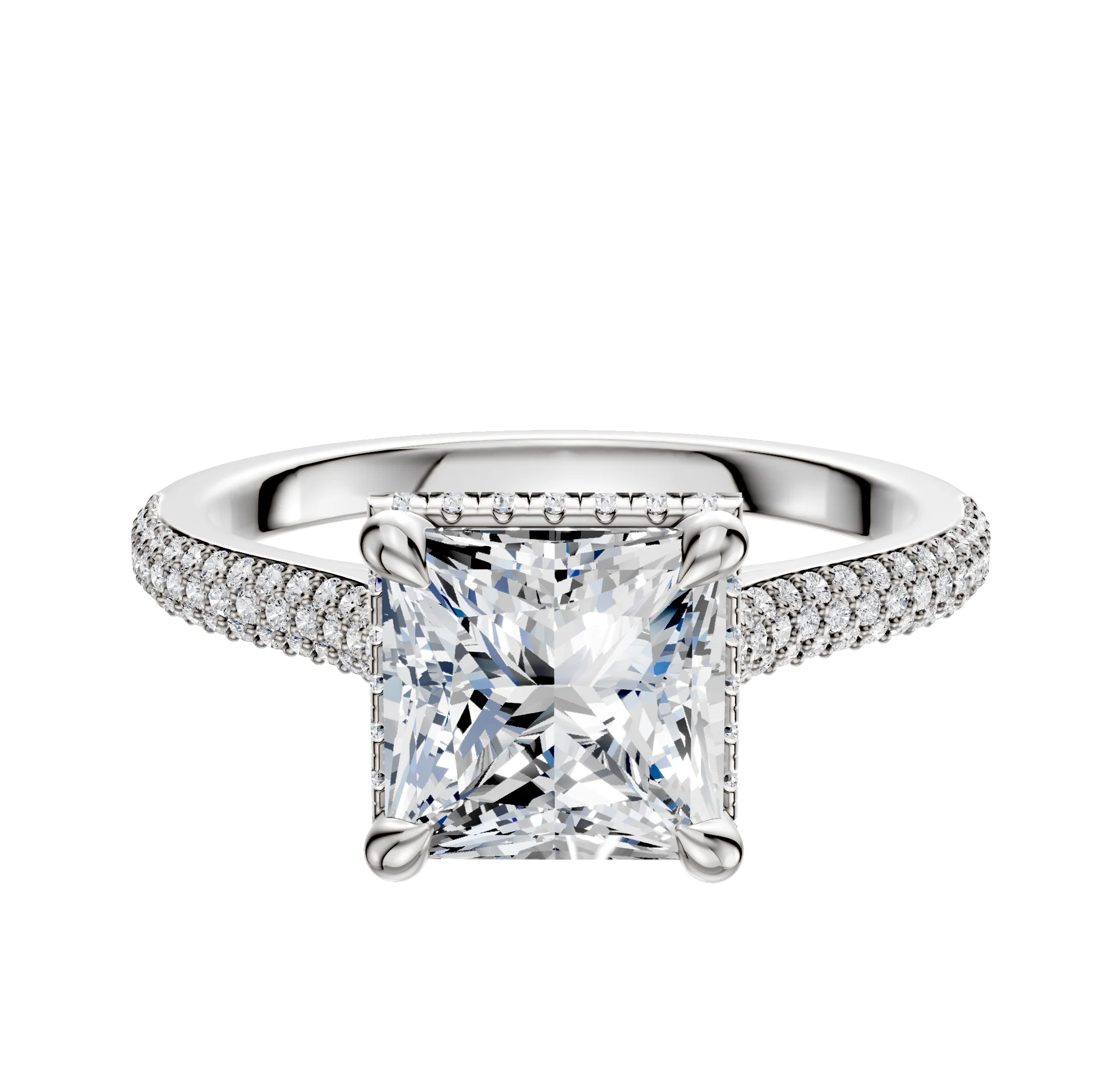 14K White Gold 4 Prong Collar Cathedral Dome 3-Row-Pave 2.0mm Engagement Ring