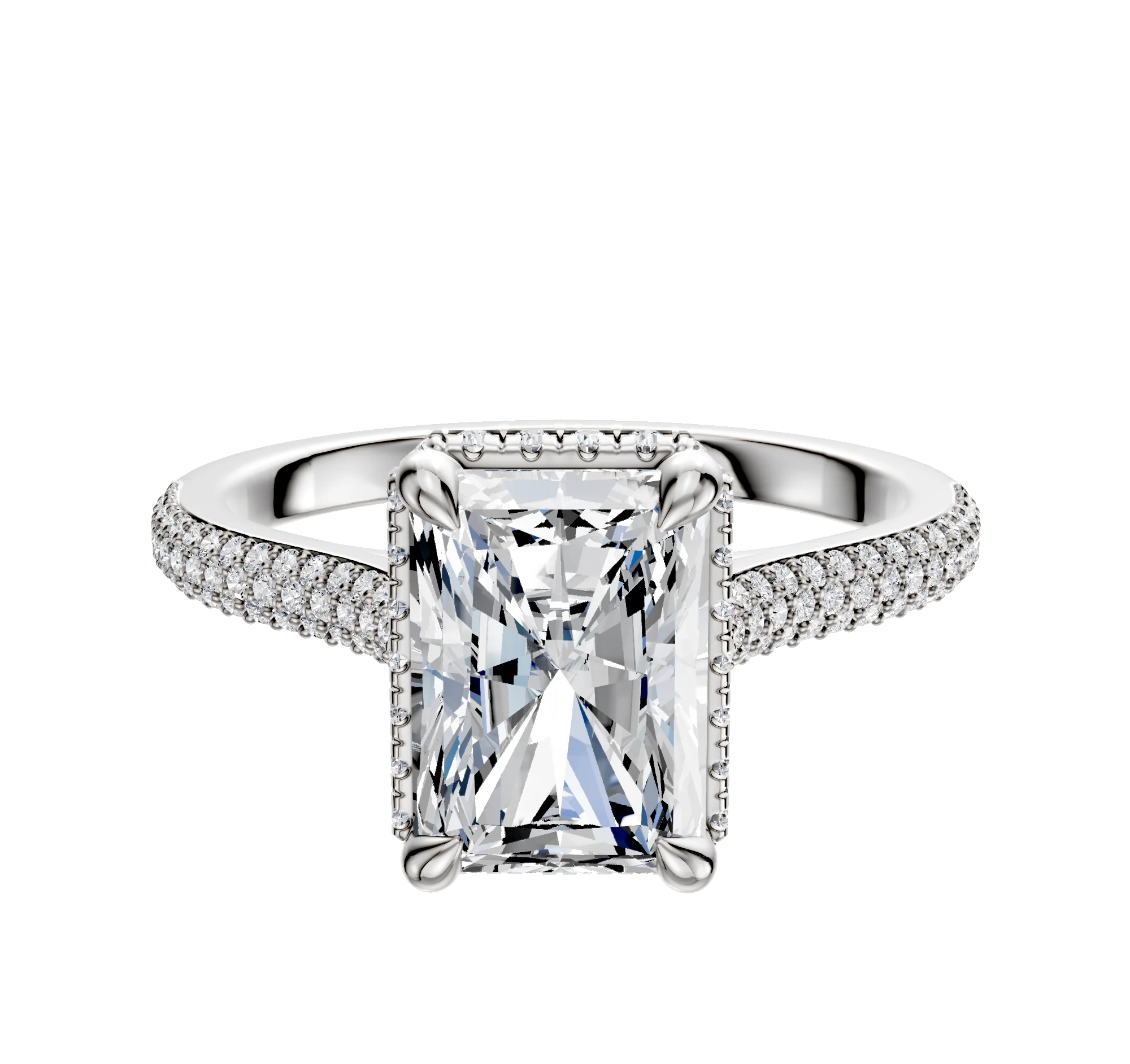 14K White Gold 4 Prong Collar Cathedral Dome 3-Row-Pave 2.0mm Engagement Ring
