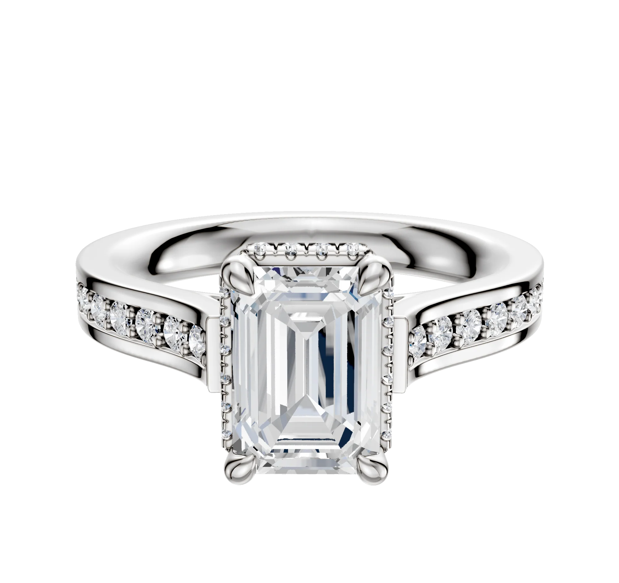 14K White Gold 4 Prong Collar Cathedral Flat 1-Row-Pave 2.5mm Engagement Ring