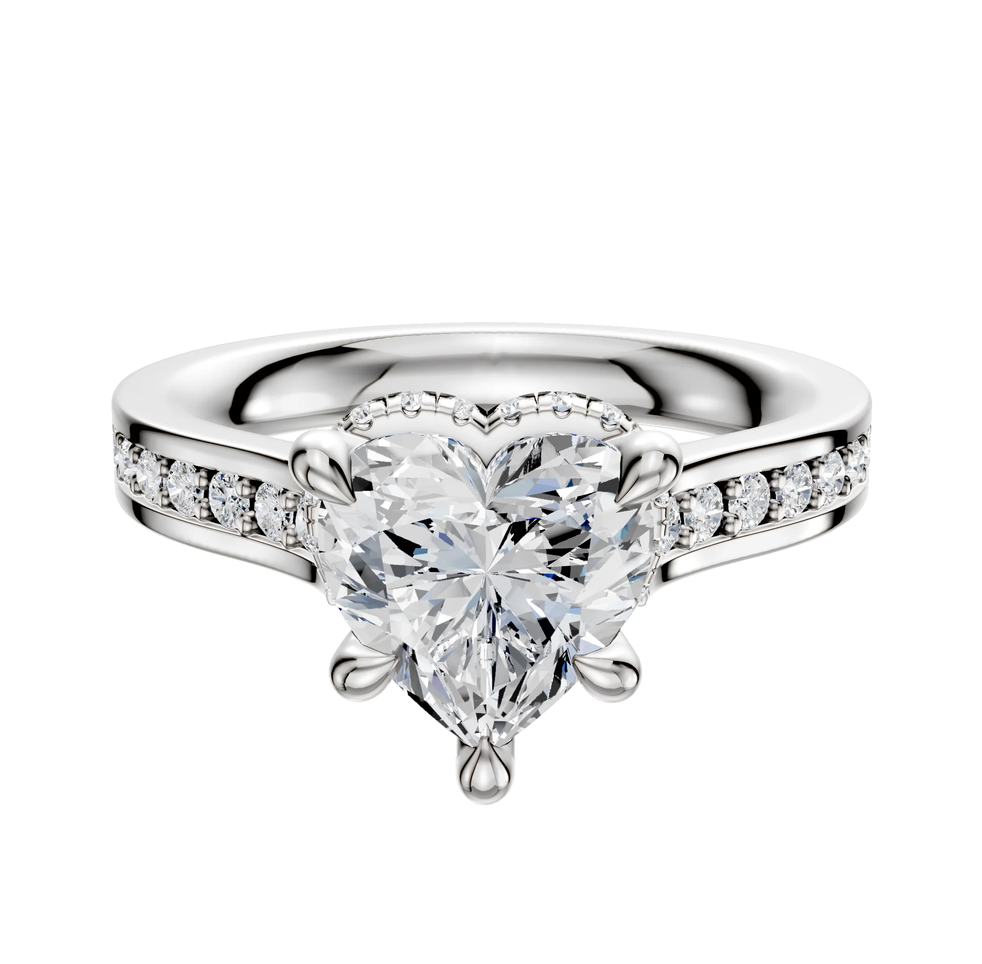 14K White Gold 4 Prong Collar Cathedral Flat 1-Row-Pave 2.5mm Engagement Ring