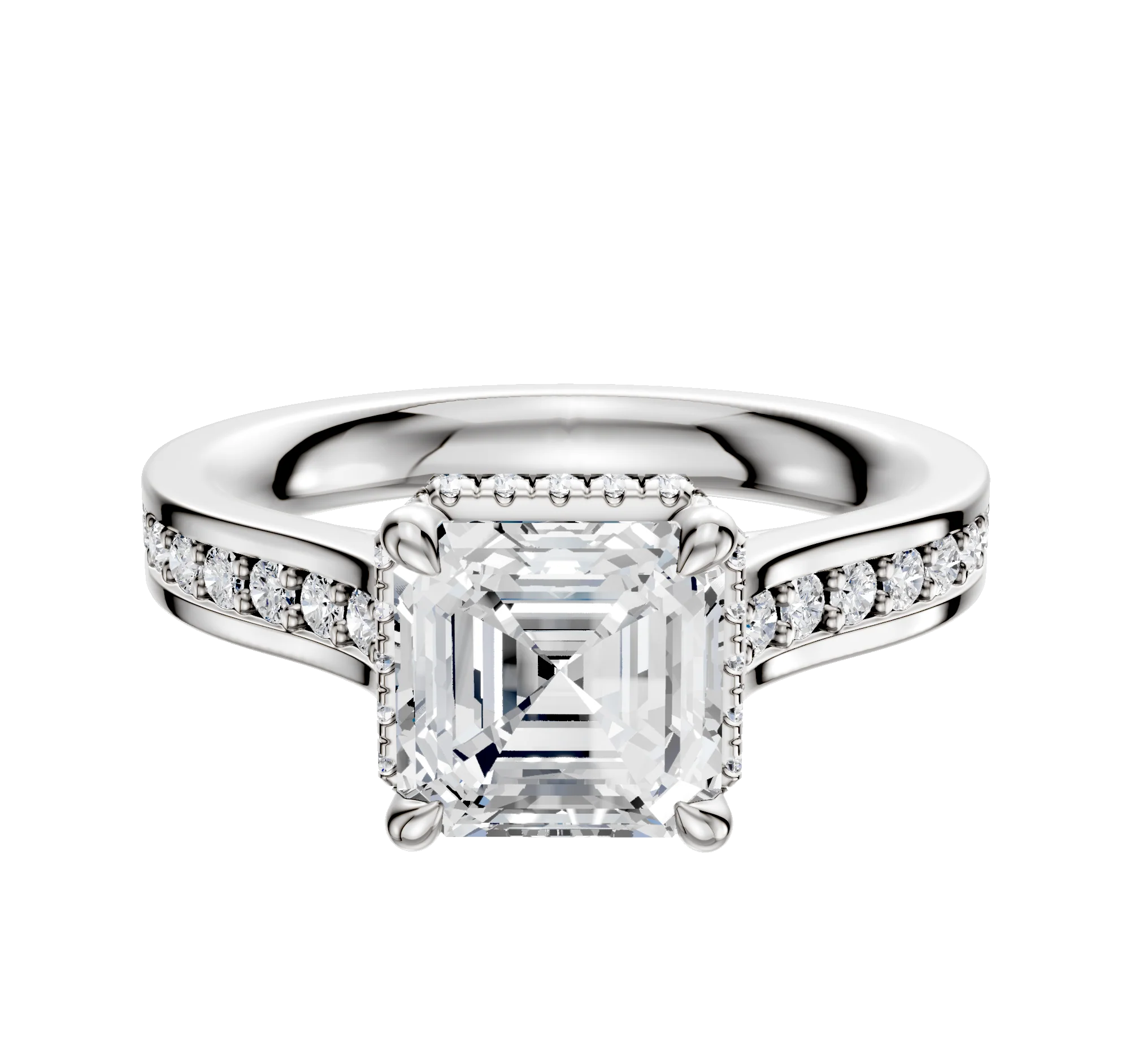 14K White Gold 4 Prong Collar Cathedral Flat 1-Row-Pave 2.5mm Engagement Ring