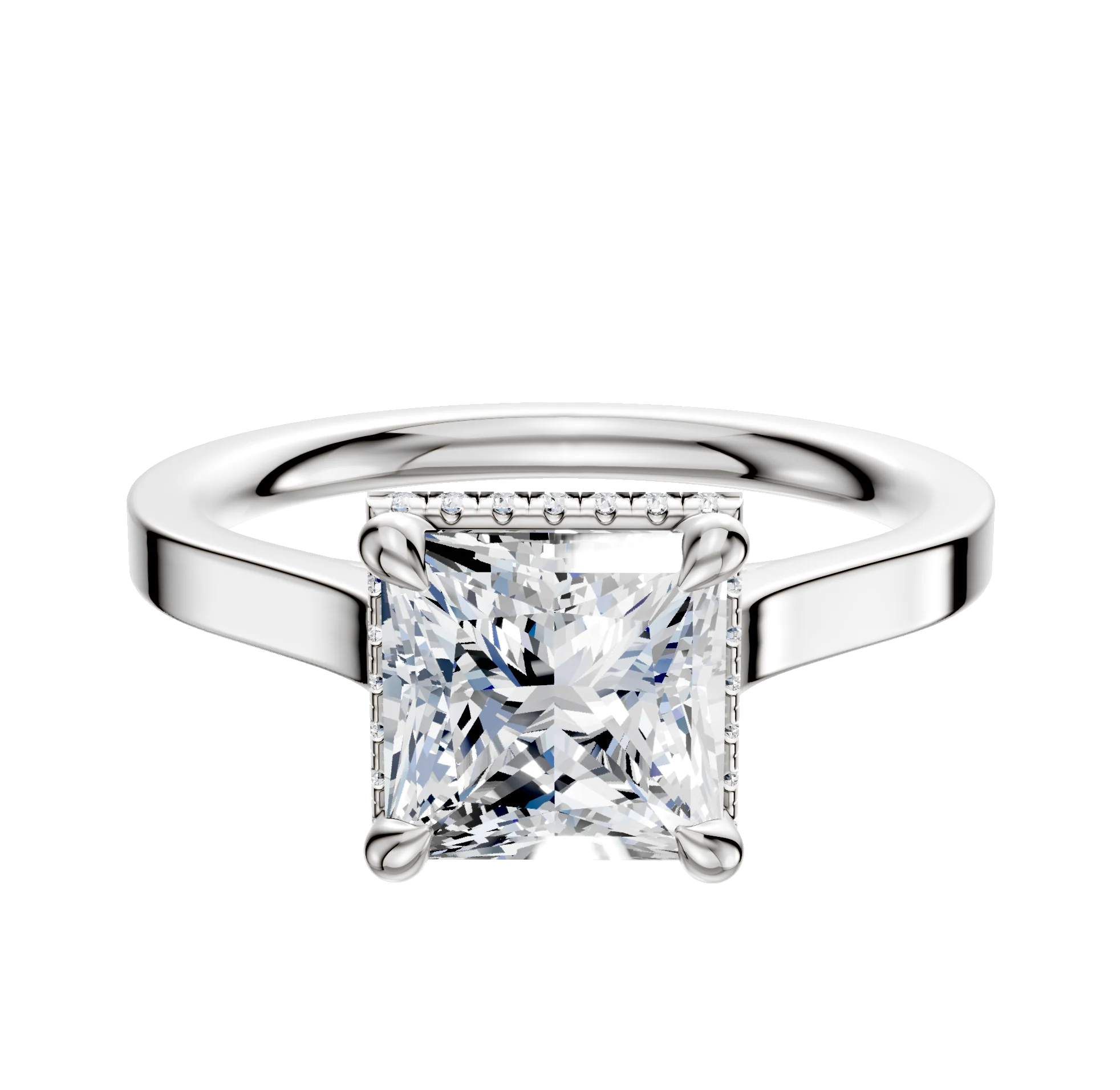14K White Gold 4 Prong Collar Cathedral Flat 2.0mm Engagement Ring