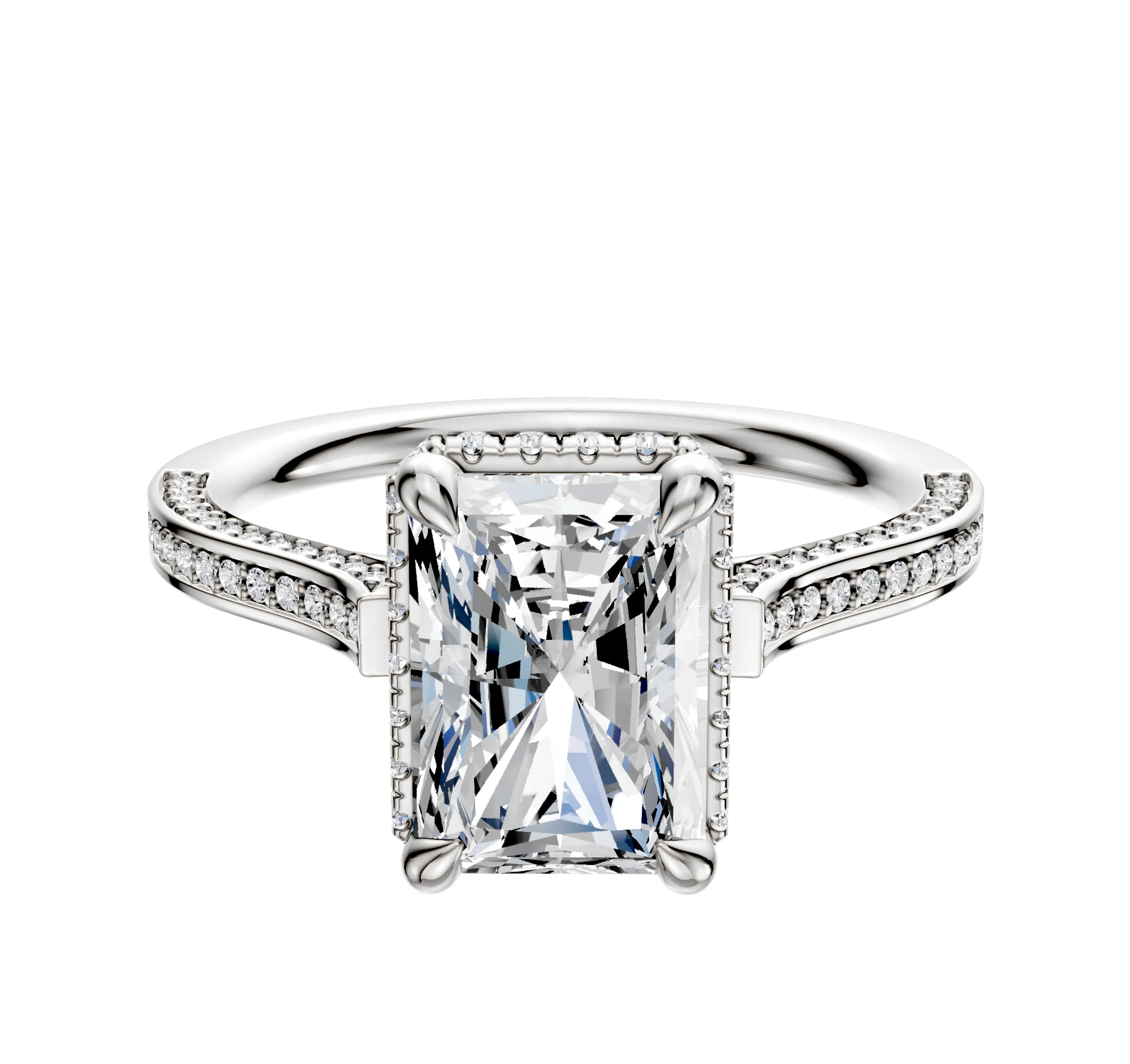 14K White Gold 4 Prong Collar Cathedral Flat 3-Row-Pave 2.0mm Engagement Ring