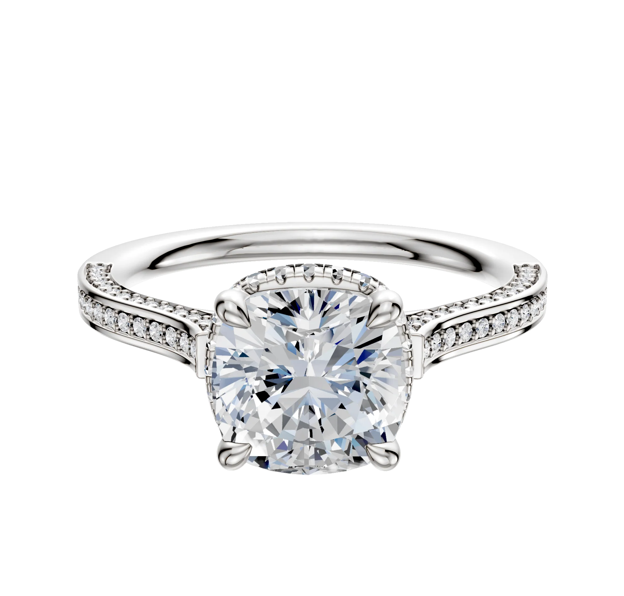 14K White Gold 4 Prong Collar Cathedral Flat 3-Row-Pave 2.0mm Engagement Ring