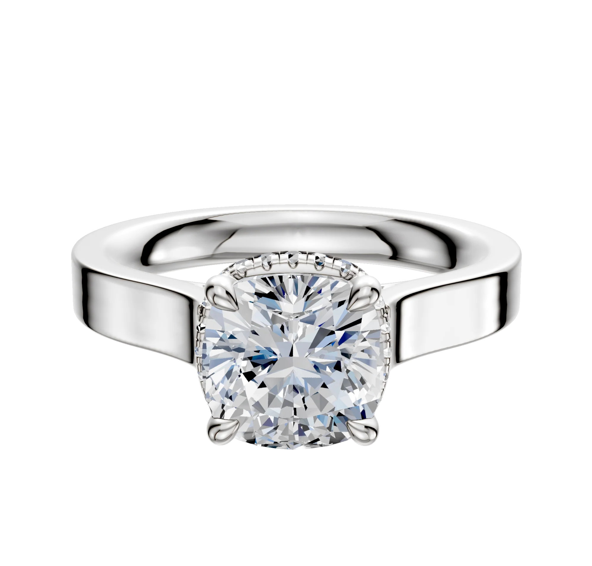 14K White Gold 4 Prong Collar Cathedral Flat 3.0mm Engagement Ring