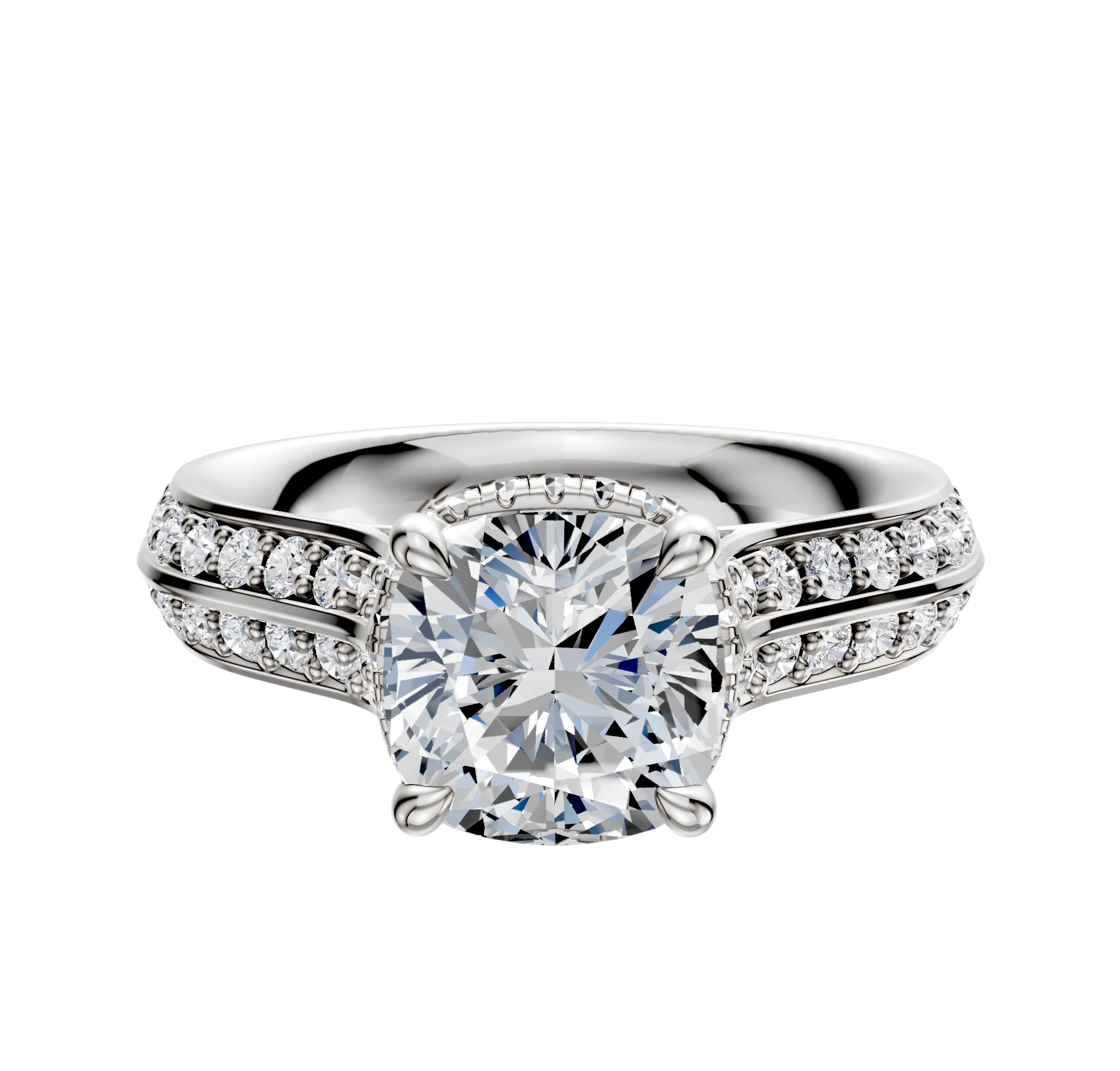 14K White Gold 4 Prong Collar Cathedral Knife Edge 1-Row-Pave 2.5mm Engagement Ring
