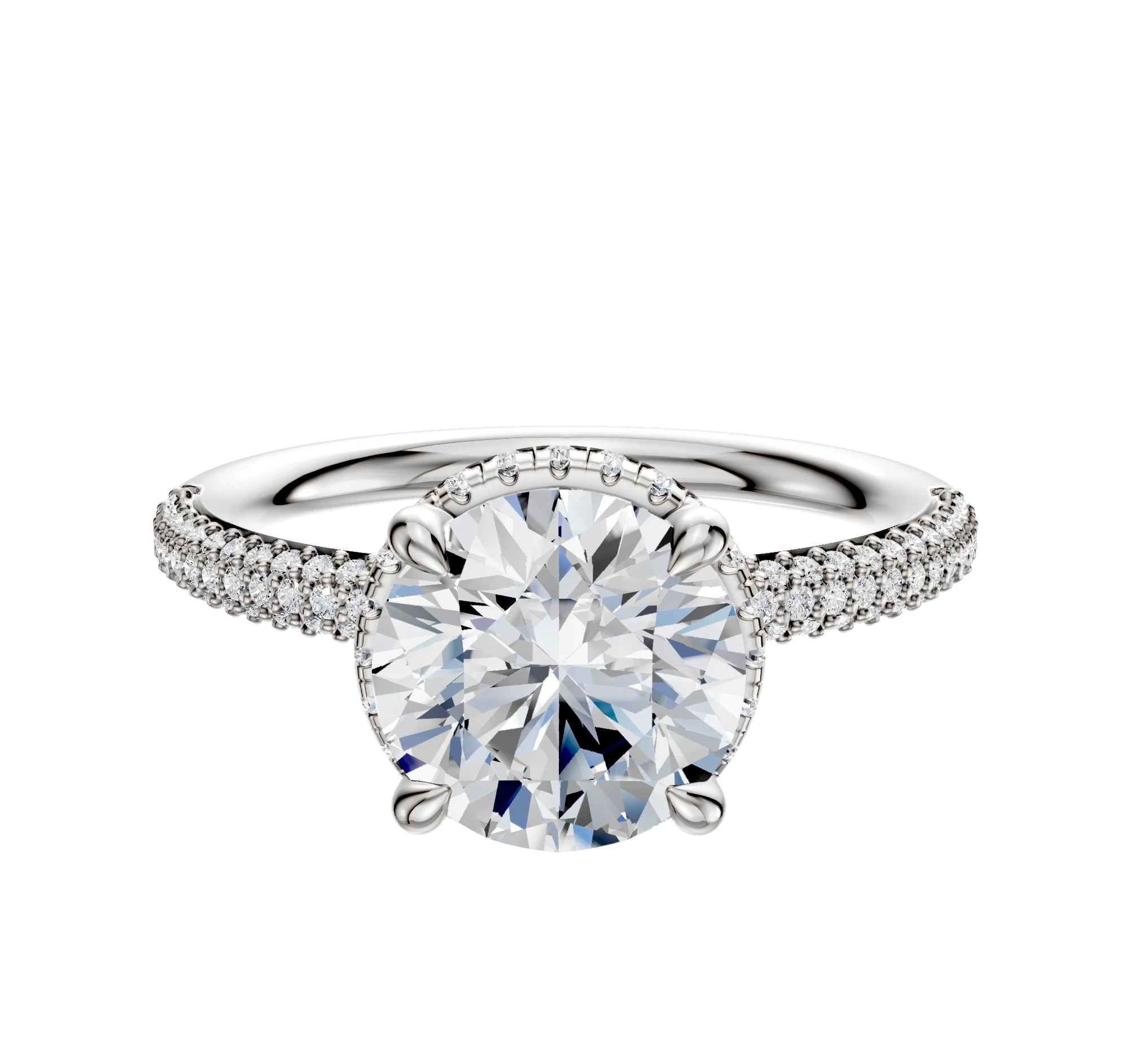 14K White Gold 4 Prong Collar Classic Dome 3-Row-Pave 2.0mm Engagement Ring