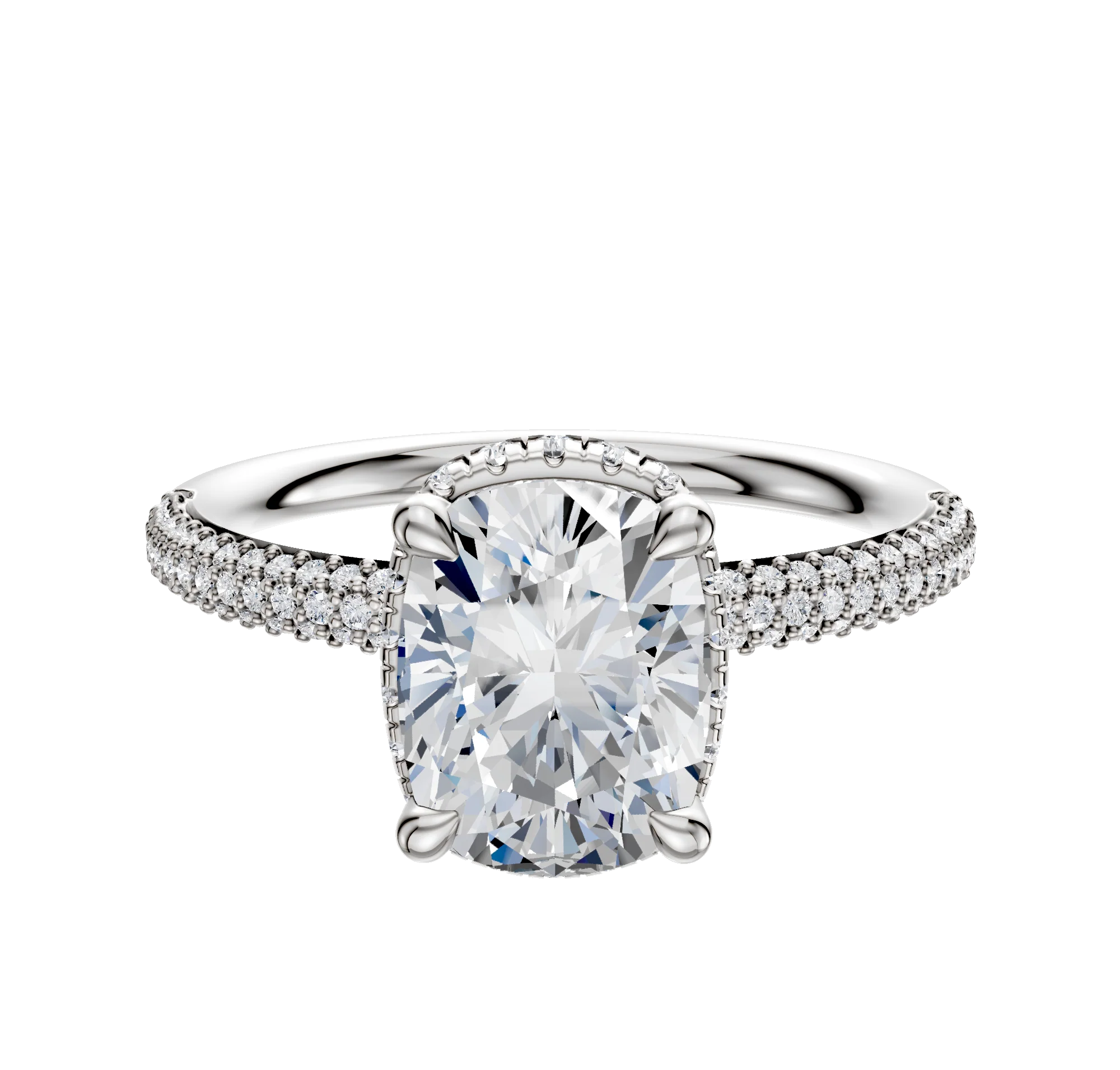 14K White Gold 4 Prong Collar Classic Dome 3-Row-Pave 2.0mm Engagement Ring