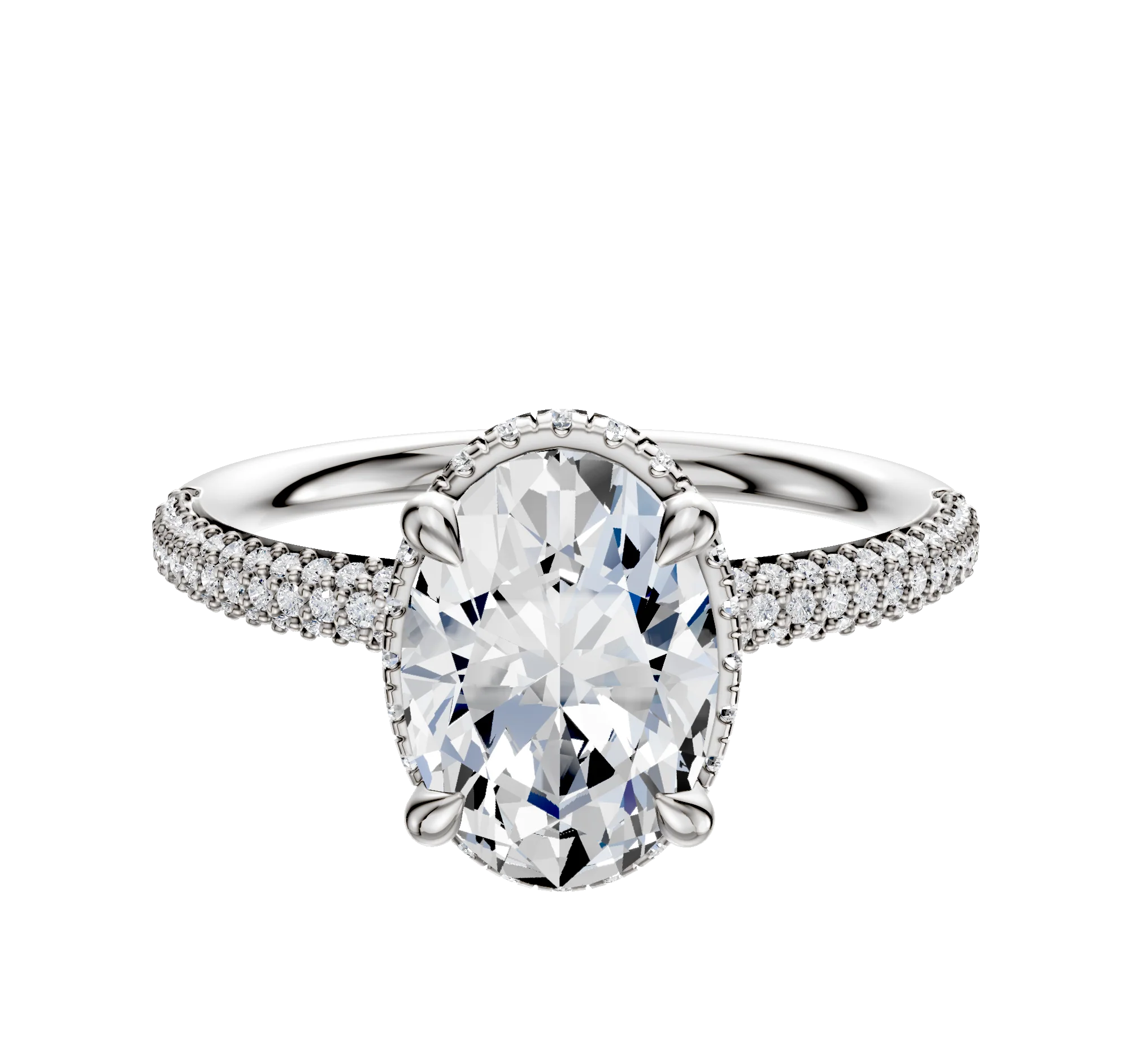 14K White Gold 4 Prong Collar Classic Dome 3-Row-Pave 2.0mm Engagement Ring