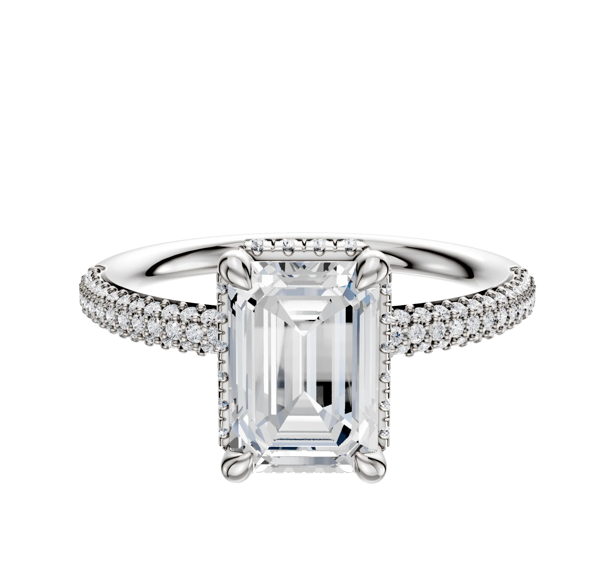 14K White Gold 4 Prong Collar Classic Dome 3-Row-Pave 2.0mm Engagement Ring