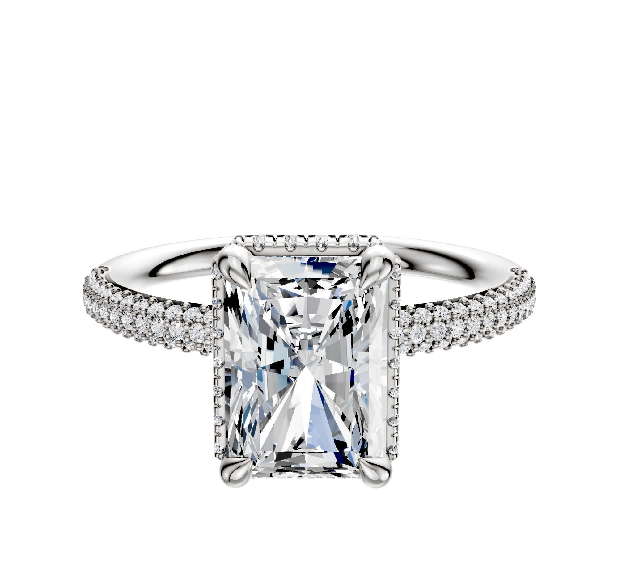 14K White Gold 4 Prong Collar Classic Dome 3-Row-Pave 2.0mm Engagement Ring