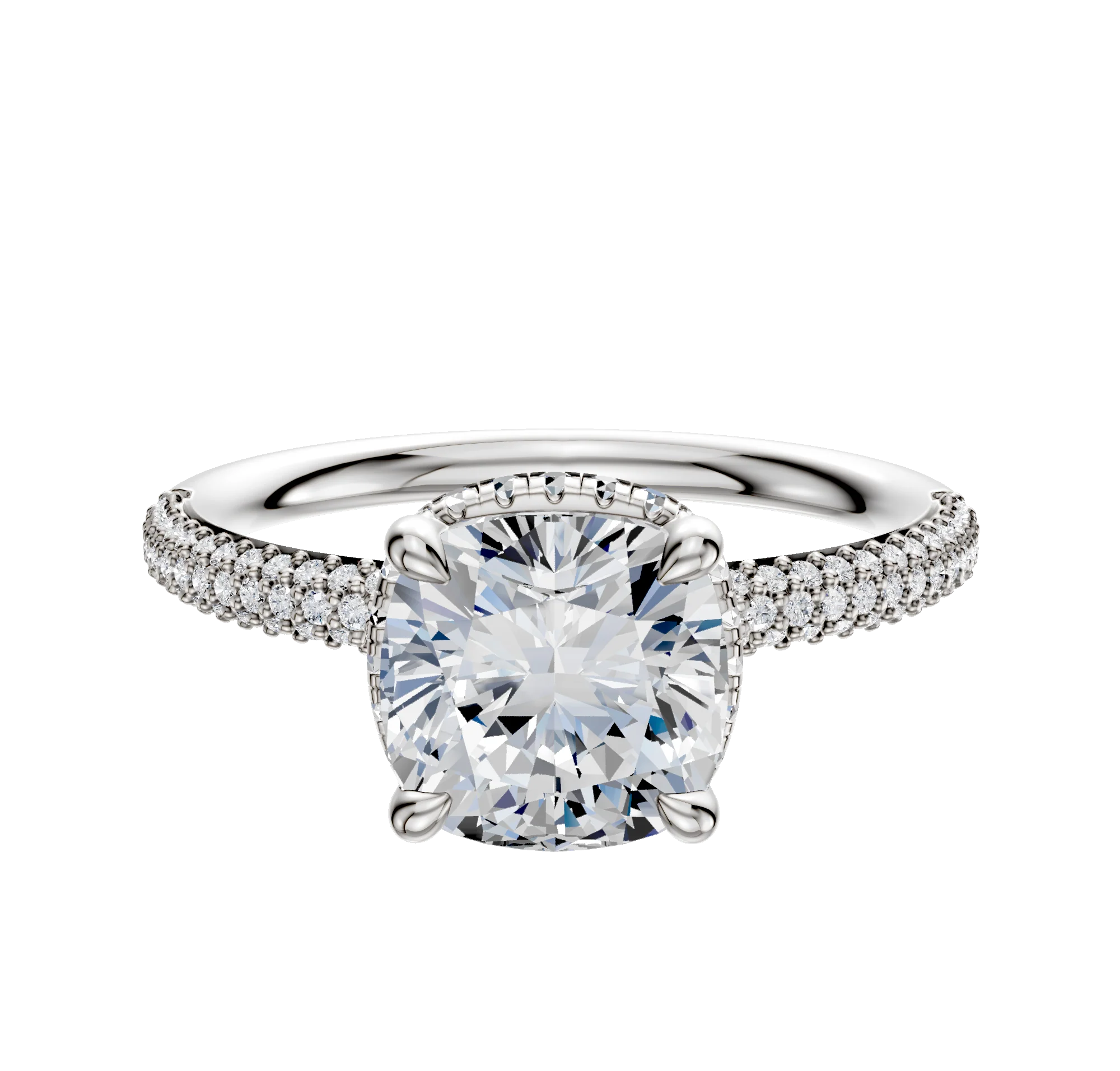 14K White Gold 4 Prong Collar Classic Dome 3-Row-Pave 2.0mm Engagement Ring