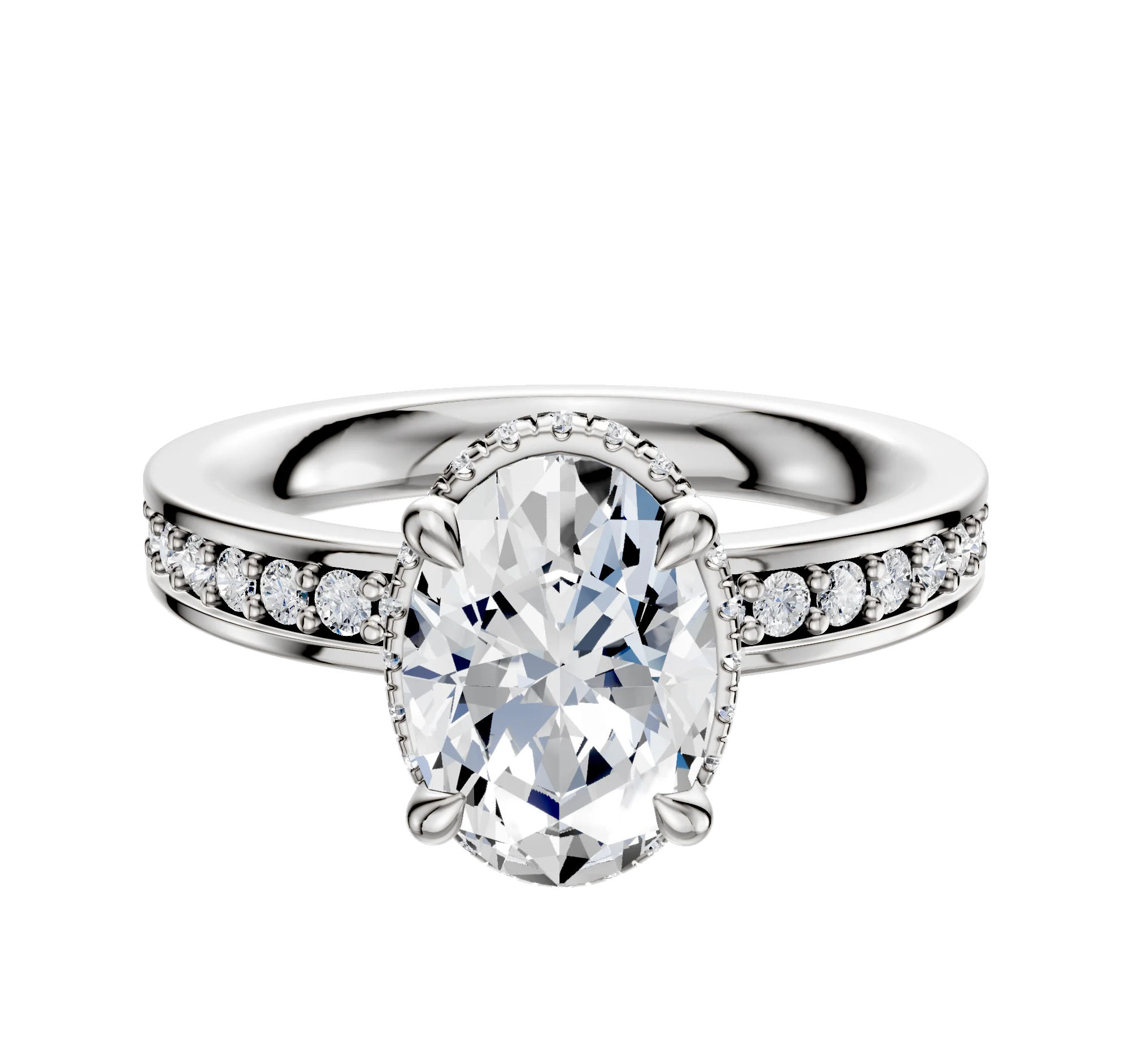14K White Gold 4 Prong Collar Classic Flat 1-Row-Pave 2.5mm Engagement Ring