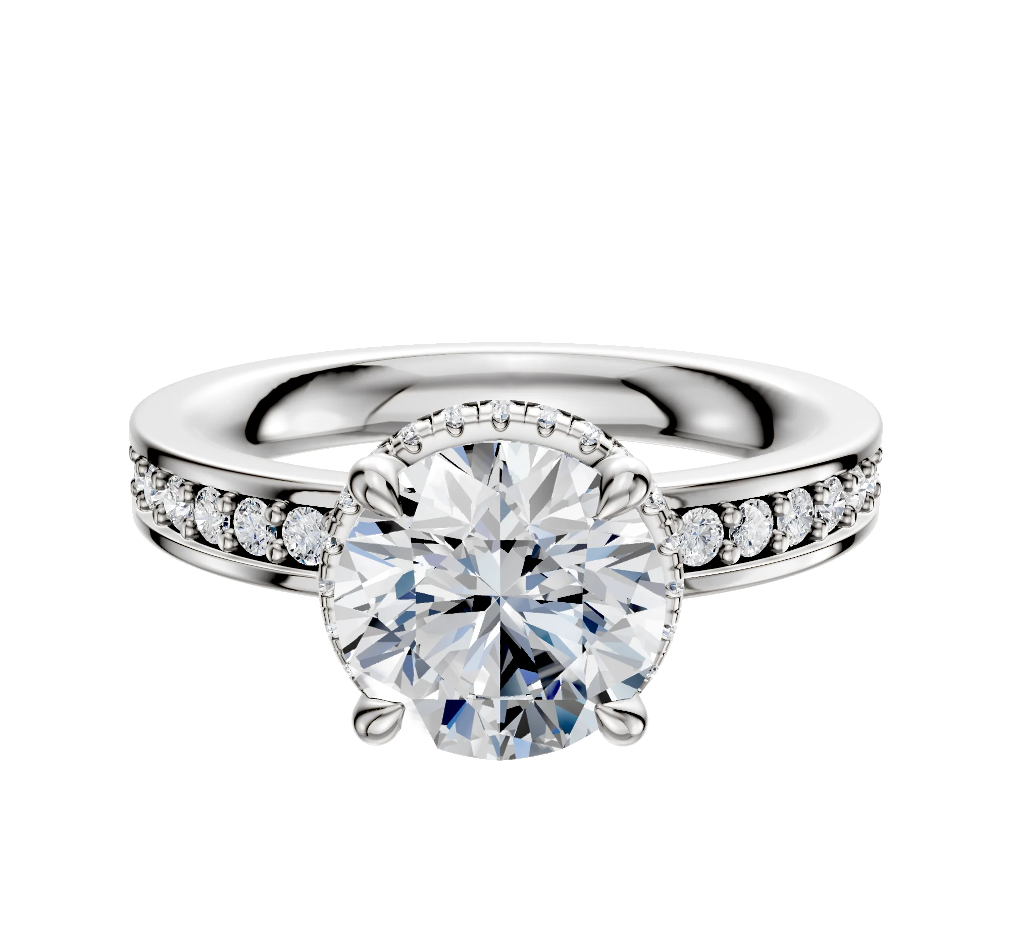 14K White Gold 4 Prong Collar Classic Flat 1-Row-Pave 2.5mm Engagement Ring