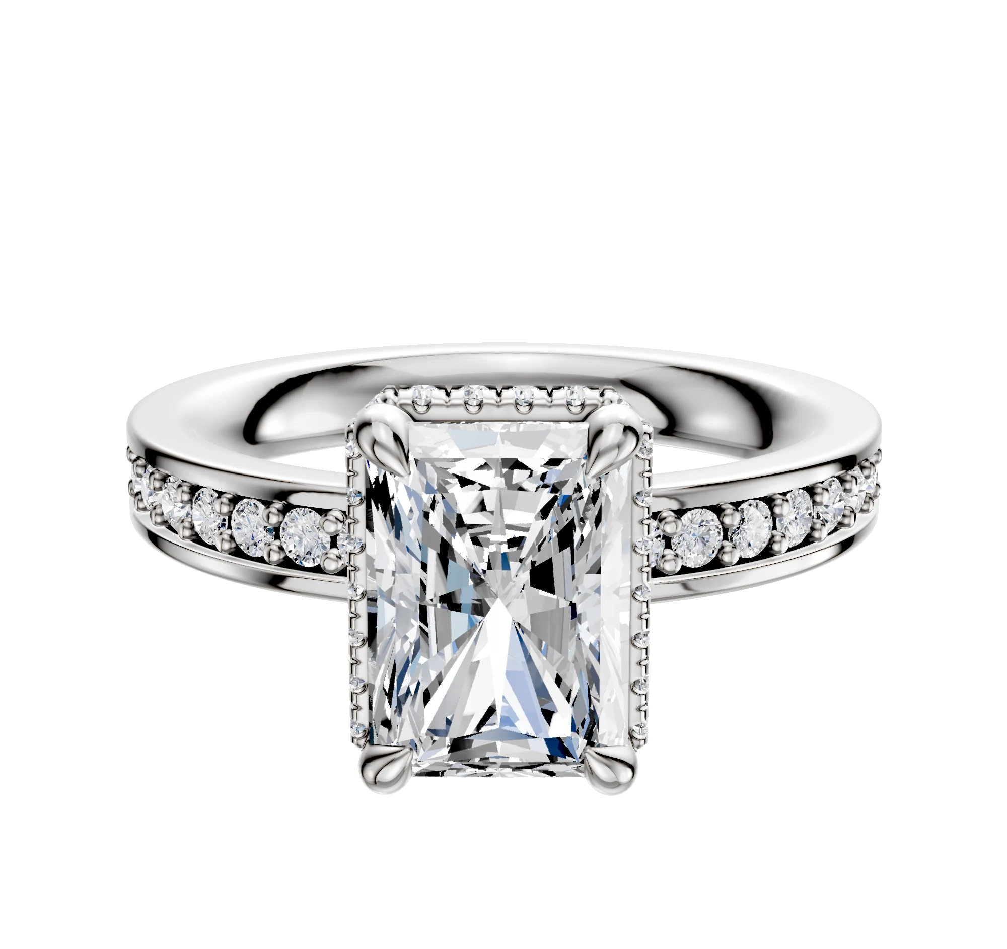 14K White Gold 4 Prong Collar Classic Flat 1-Row-Pave 2.5mm Engagement Ring