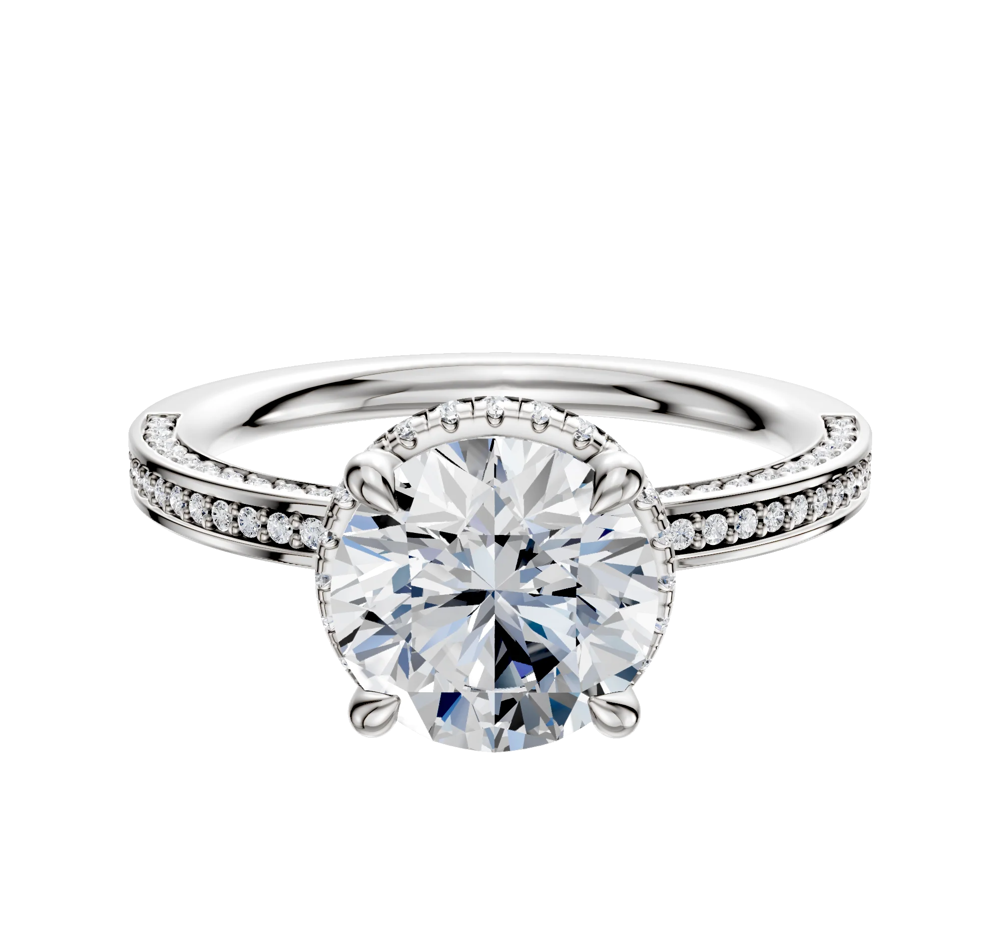 14K White Gold 4 Prong Collar Classic Flat 3-Row-Pave 2.0mm Engagement Ring