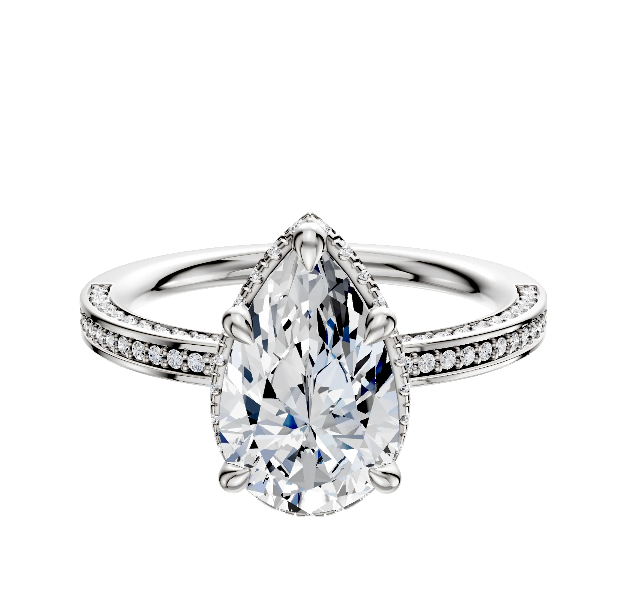 14K White Gold 4 Prong Collar Classic Flat 3-Row-Pave 2.0mm Engagement Ring