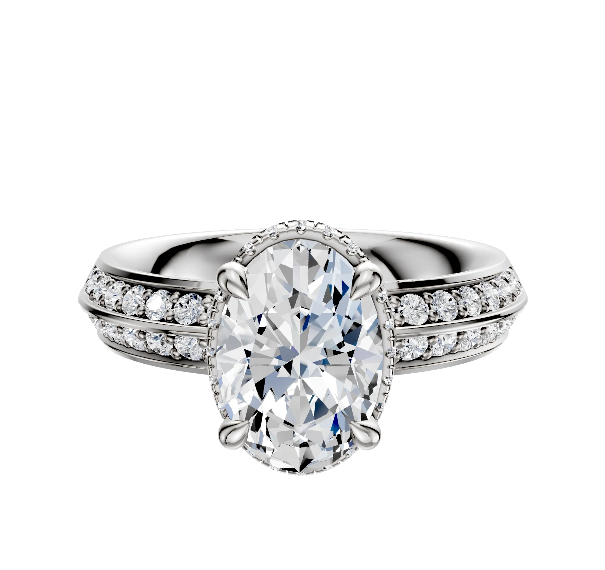 14K White Gold 4 Prong Collar Classic Knife Edge 1-Row-Pave 2.5mm Engagement Ring
