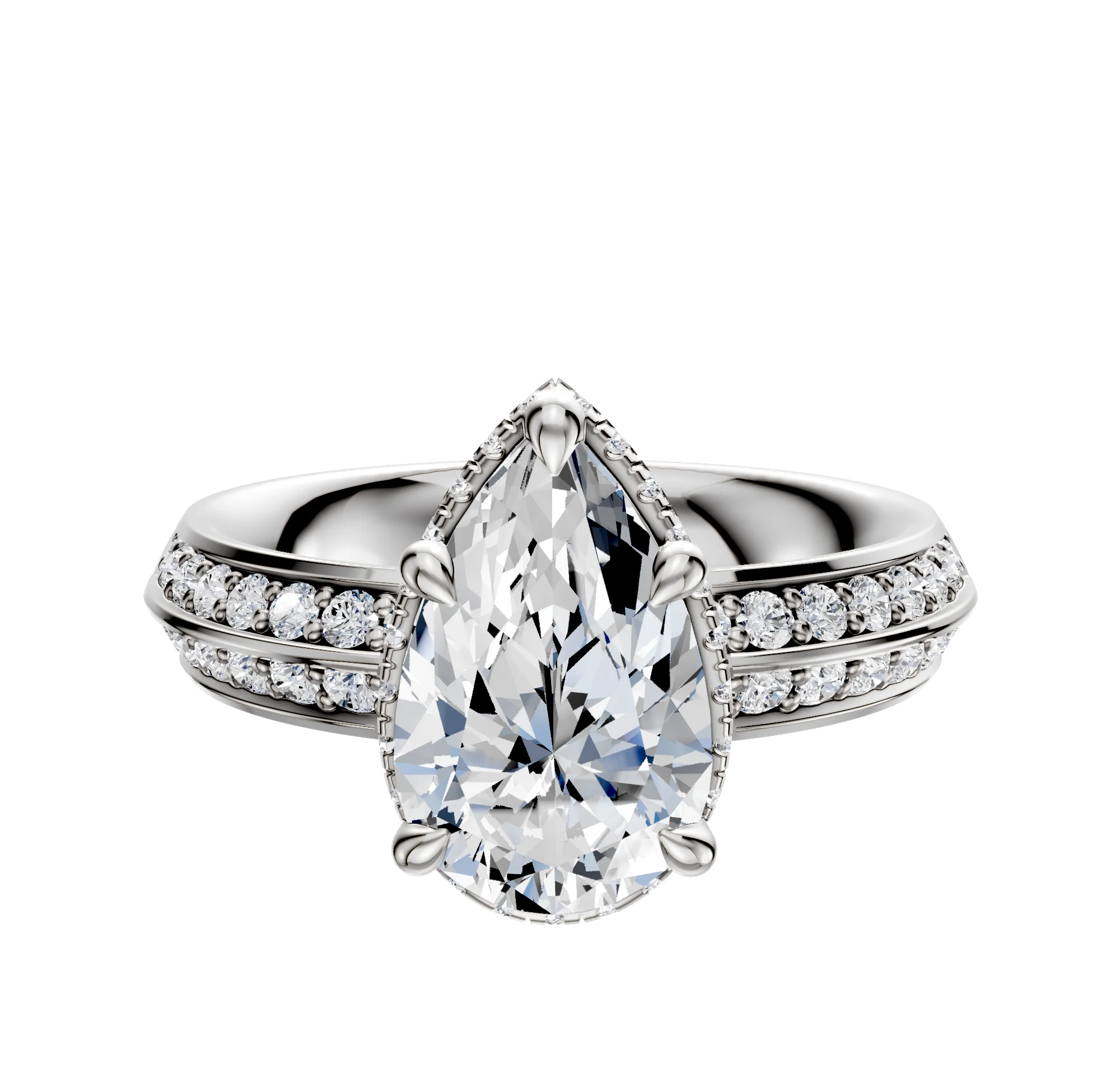 14K White Gold 4 Prong Collar Classic Knife Edge 1-Row-Pave 2.5mm Engagement Ring