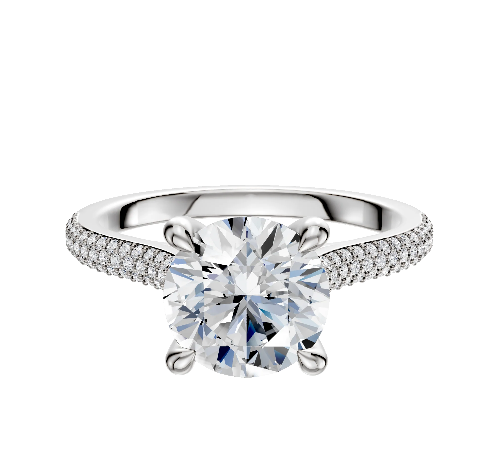 14K White Gold 4 Prong Hidden Halo Cathedral Dome 3-Row-Pave 2.0mm Engagement Ring