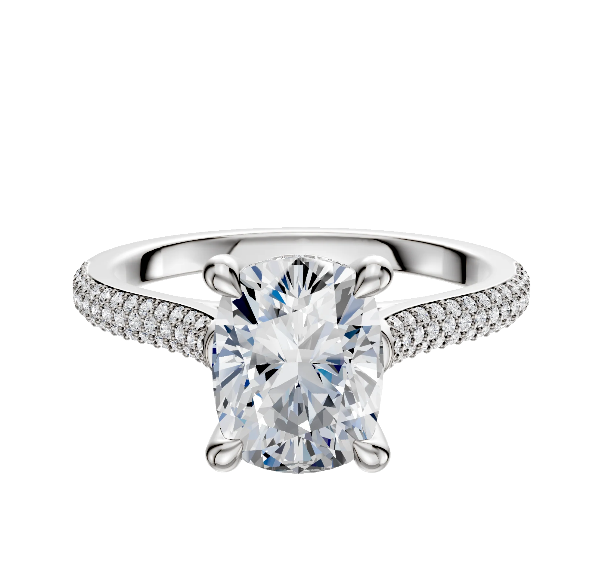 14K White Gold 4 Prong Hidden Halo Cathedral Dome 3-Row-Pave 2.0mm Engagement Ring