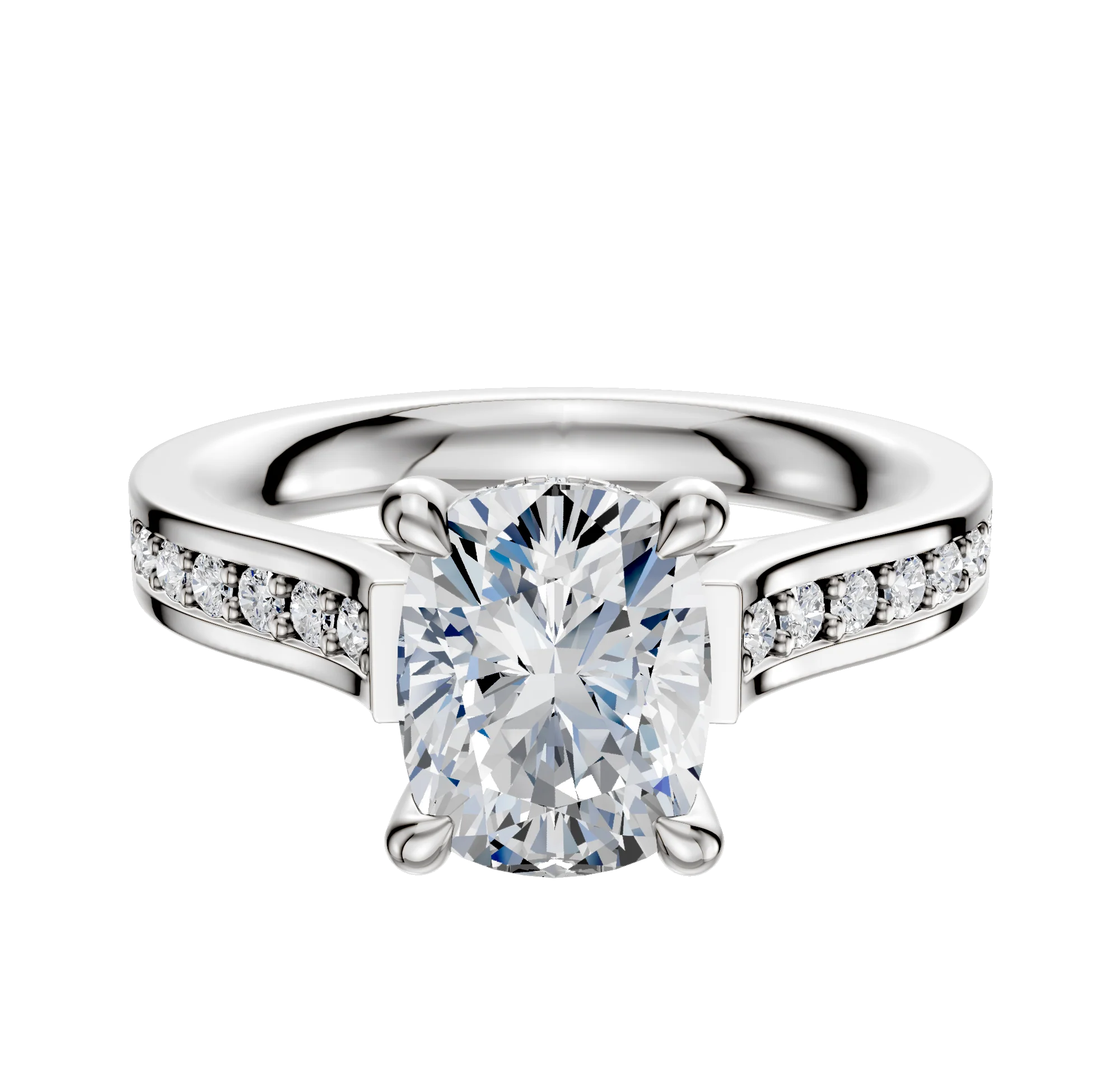 14K White Gold 4 Prong Hidden Halo Cathedral Flat 1-Row-Pave 2.5mm Engagement Ring